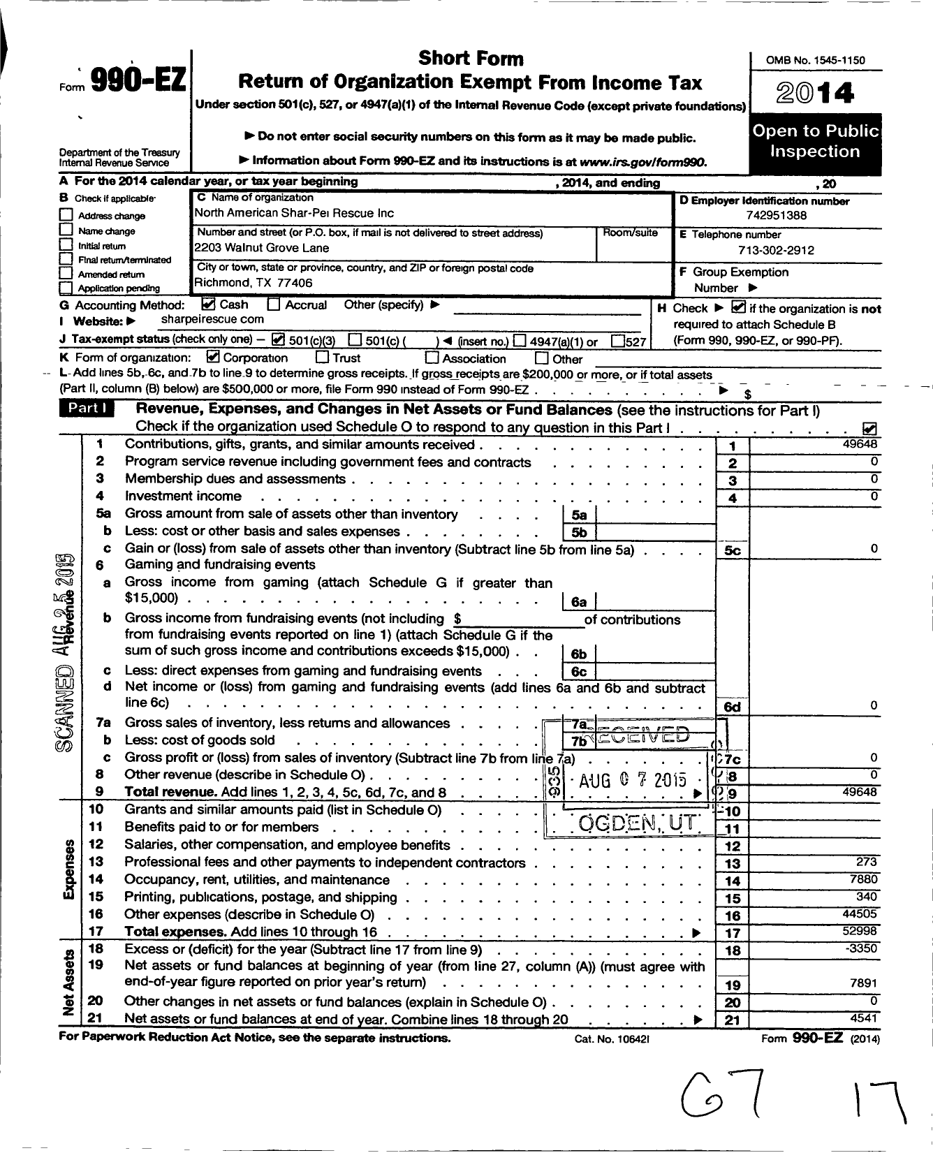 Image of first page of 2014 Form 990EZ for North American Shar-Pei Rescue