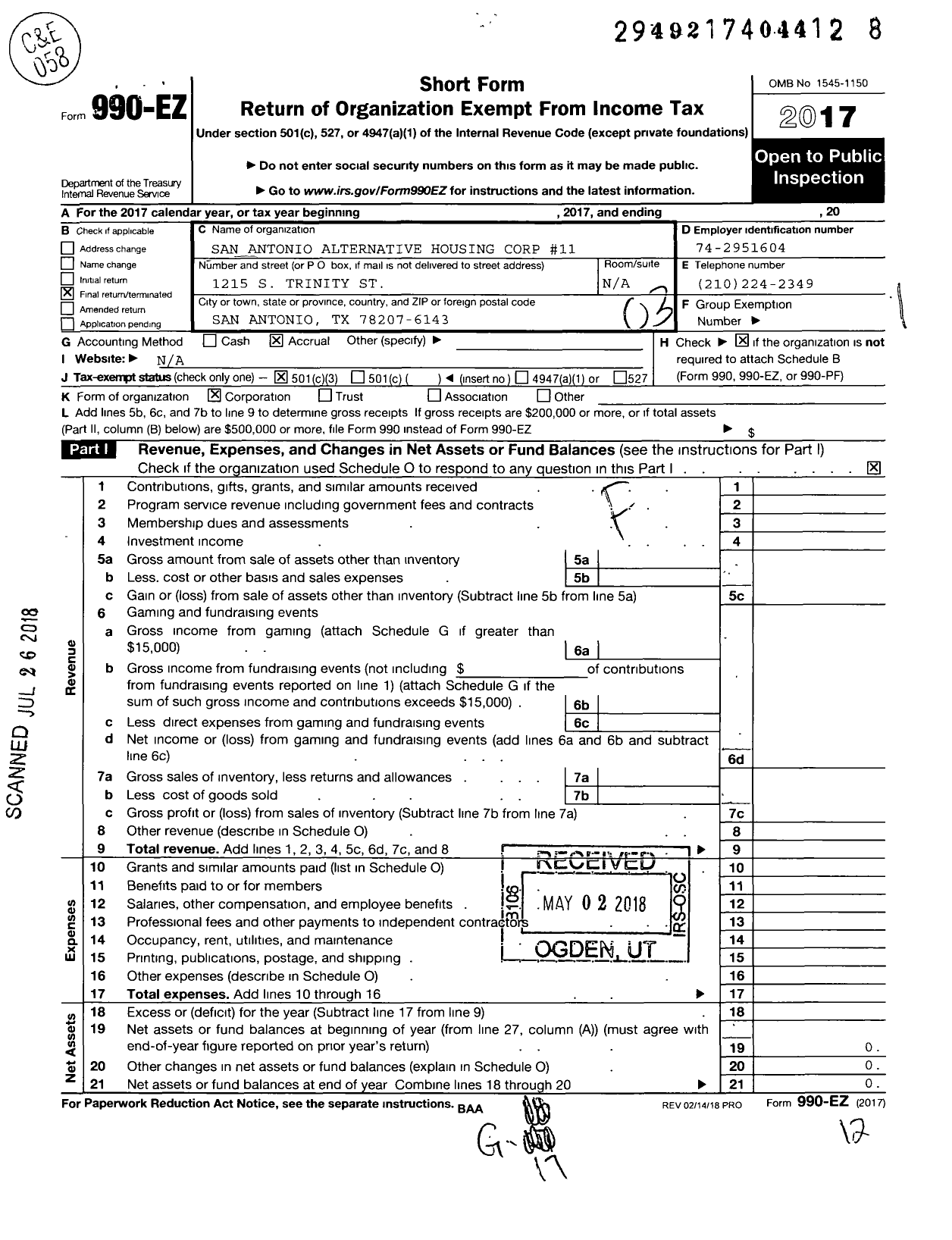 Image of first page of 2017 Form 990EZ for San Antonio Alternative Housing Corp 11