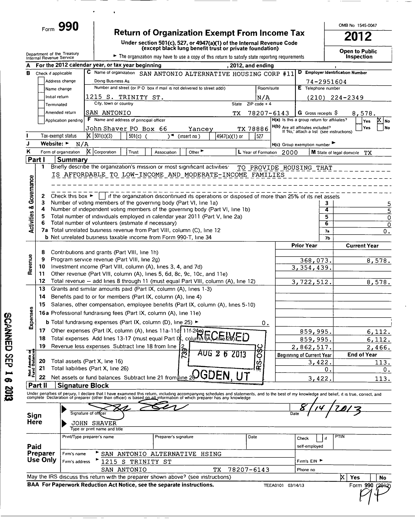 Image of first page of 2012 Form 990 for San Antonio Alternative Housing Corp 11