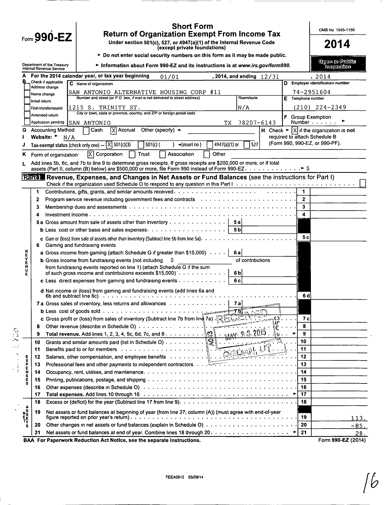 Image of first page of 2014 Form 990EZ for San Antonio Alternative Housing Corp 11