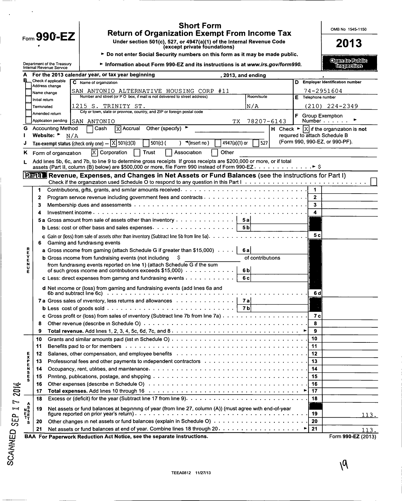 Image of first page of 2013 Form 990EZ for San Antonio Alternative Housing Corp 11