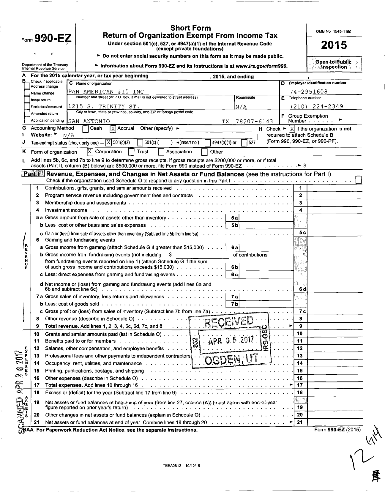 Image of first page of 2015 Form 990EZ for Pan American 10