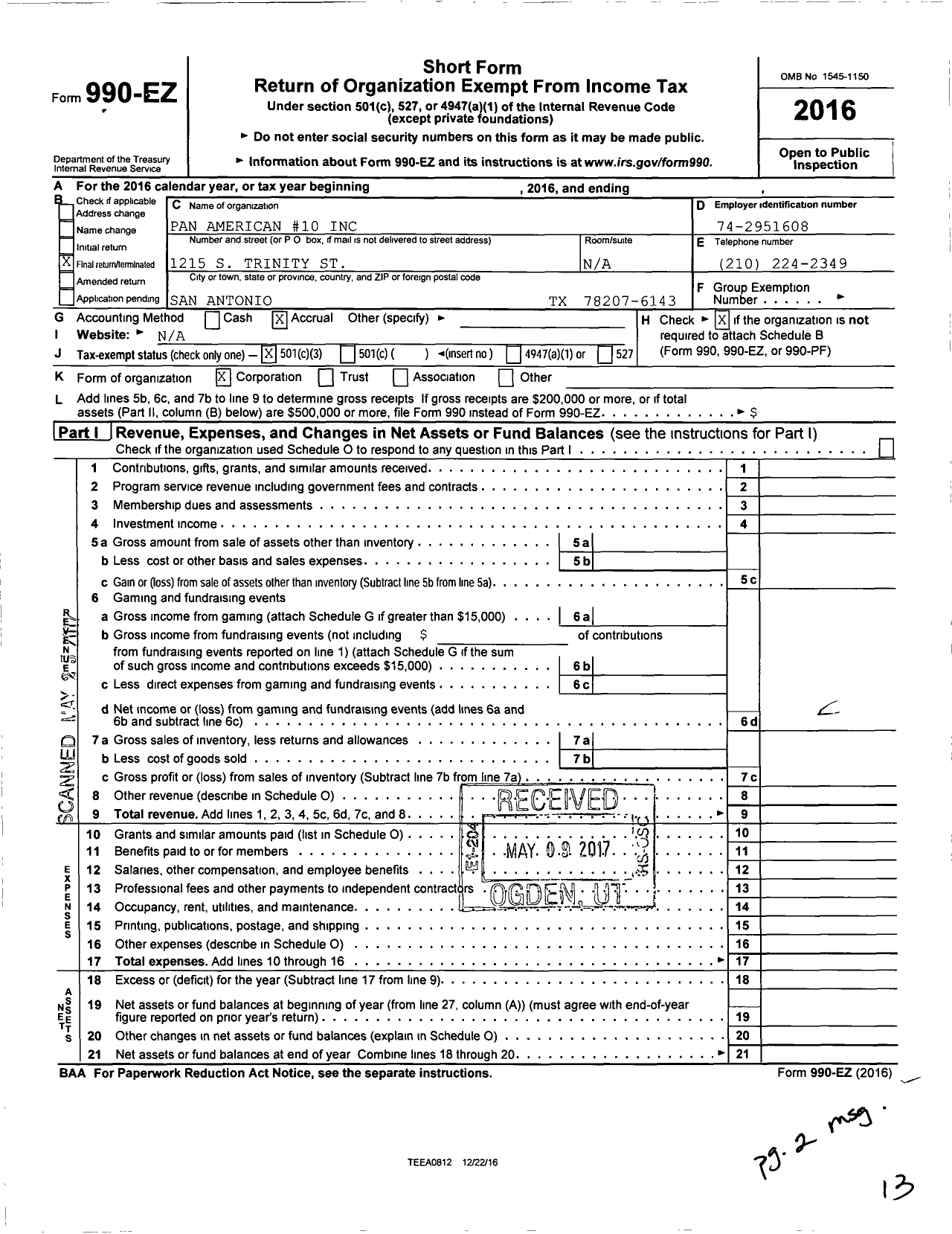 Image of first page of 2016 Form 990EZ for Pan American 10