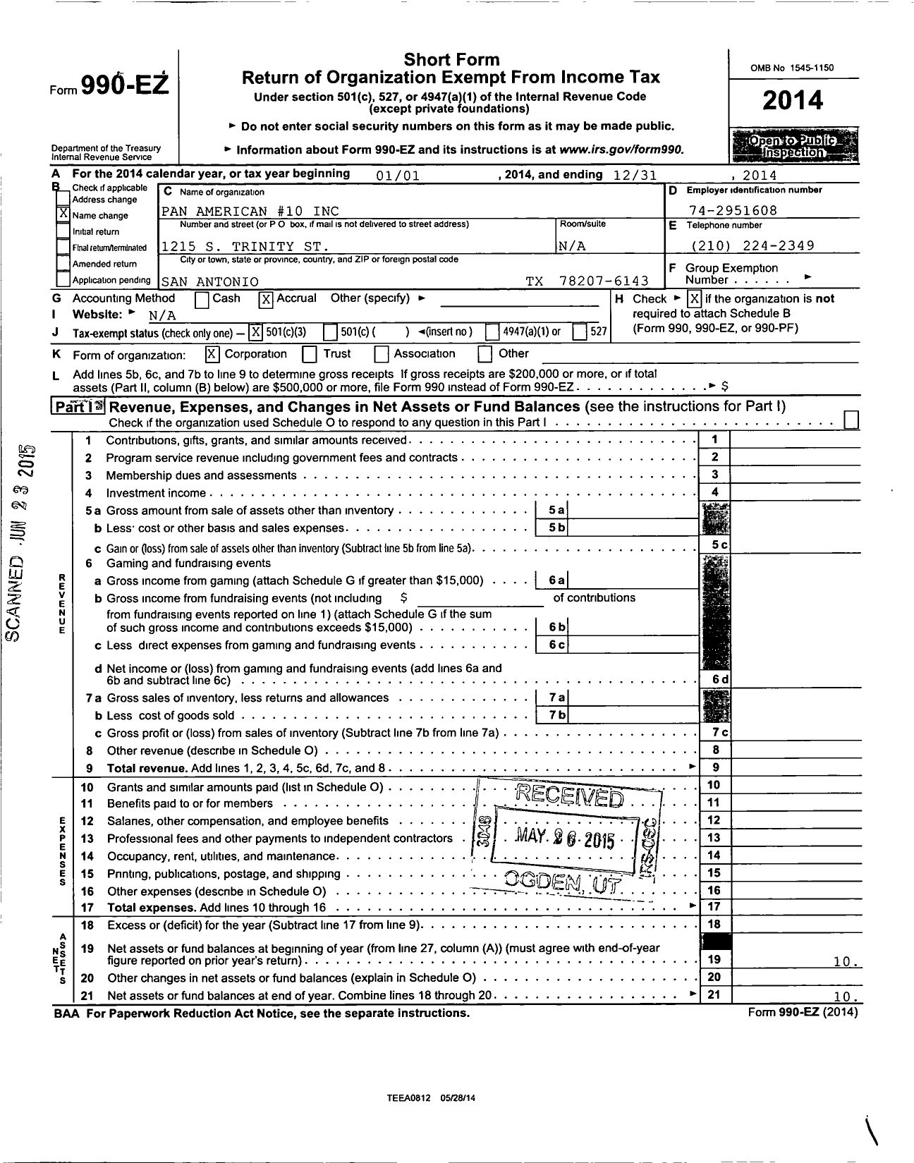 Image of first page of 2014 Form 990EZ for Pan American 10