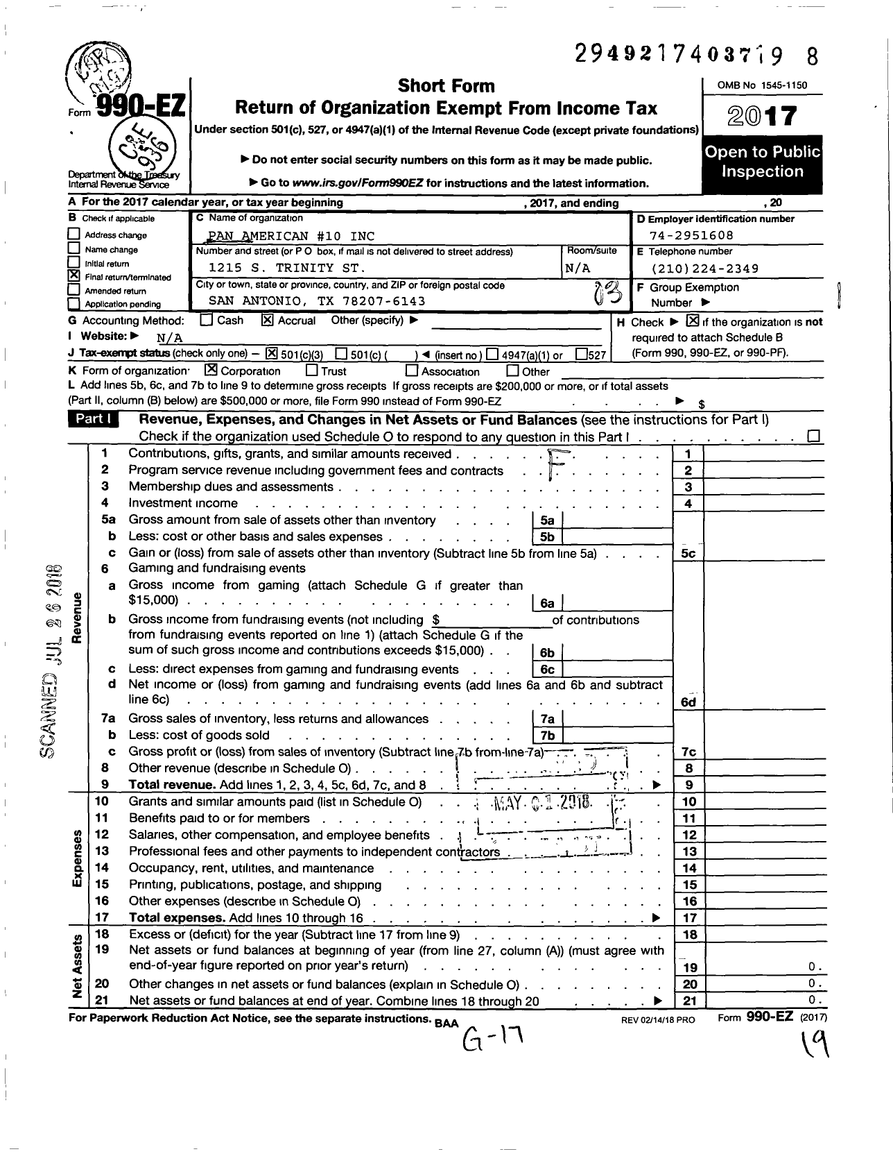 Image of first page of 2017 Form 990EZ for Pan American 10