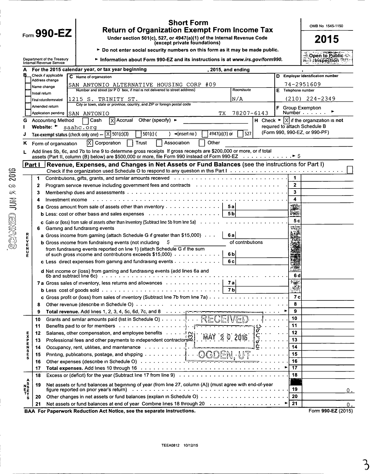 Image of first page of 2015 Form 990EZ for San Antonio Alternative Housing Corp 09