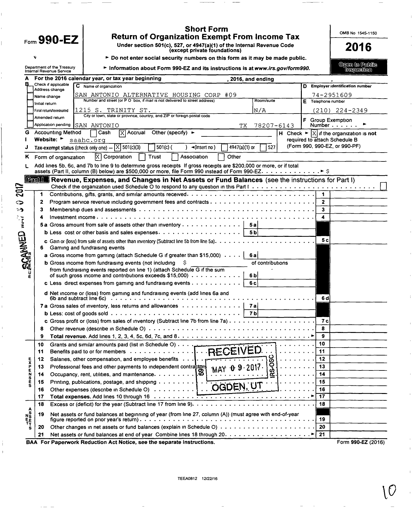 Image of first page of 2016 Form 990EZ for San Antonio Alternative Housing Corp 09