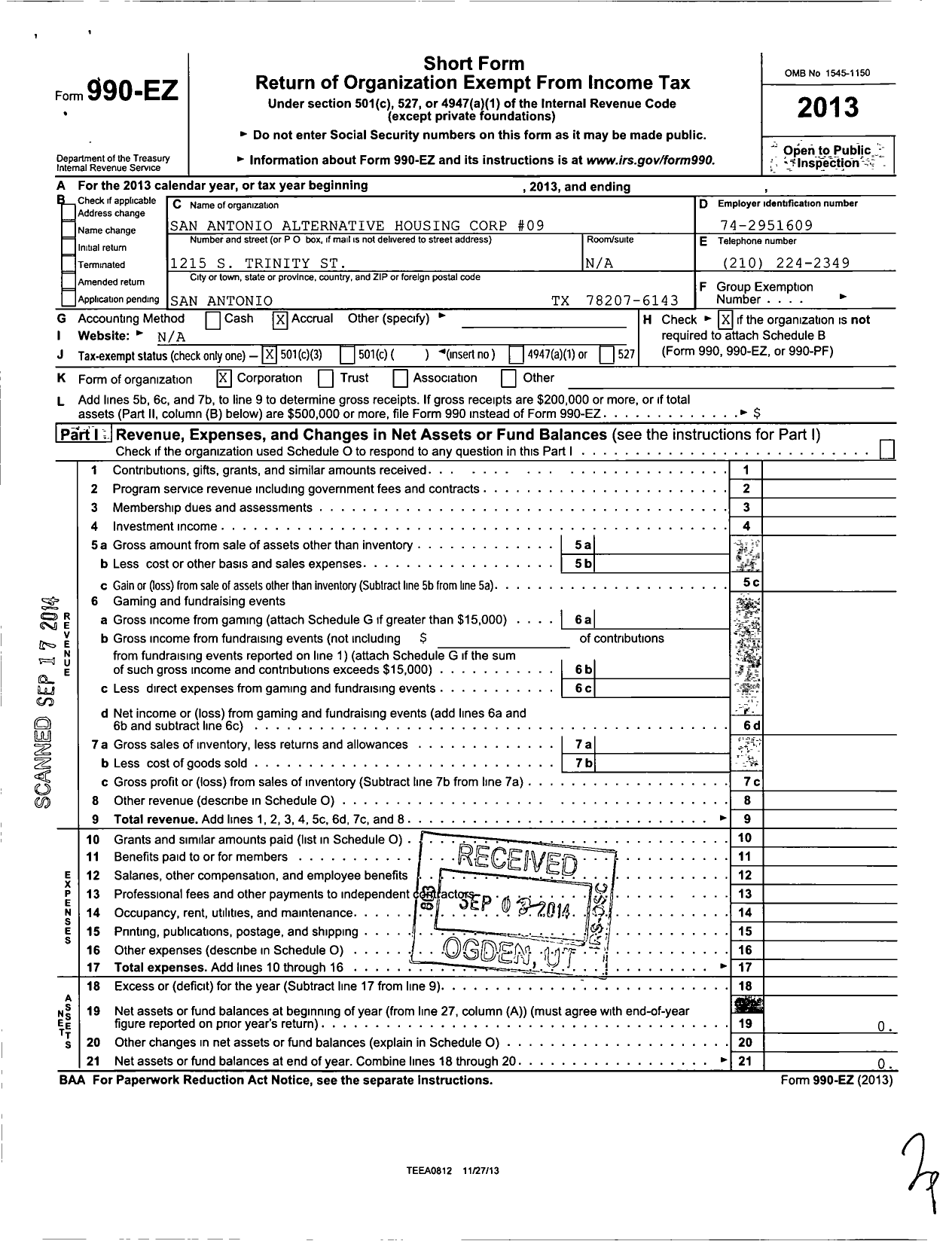 Image of first page of 2013 Form 990EZ for San Antonio Alternative Housing Corp 09