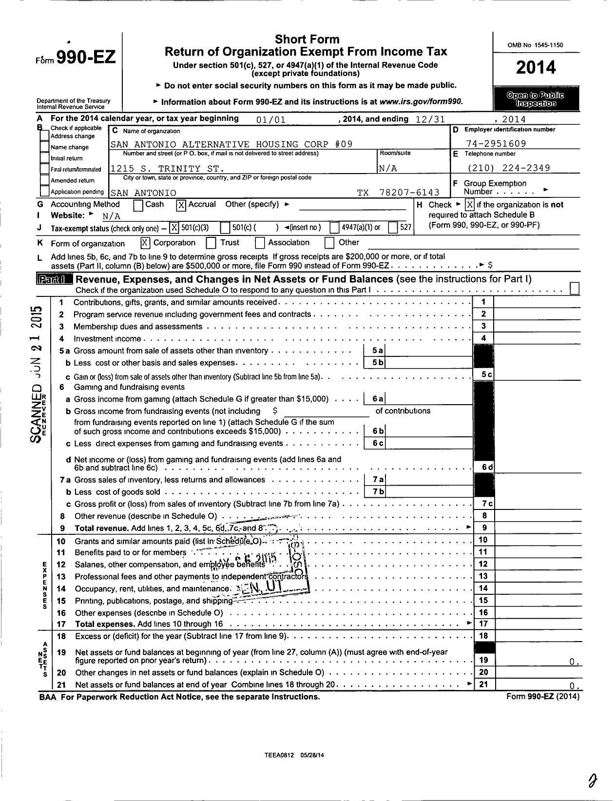 Image of first page of 2014 Form 990EZ for San Antonio Alternative Housing Corp 09