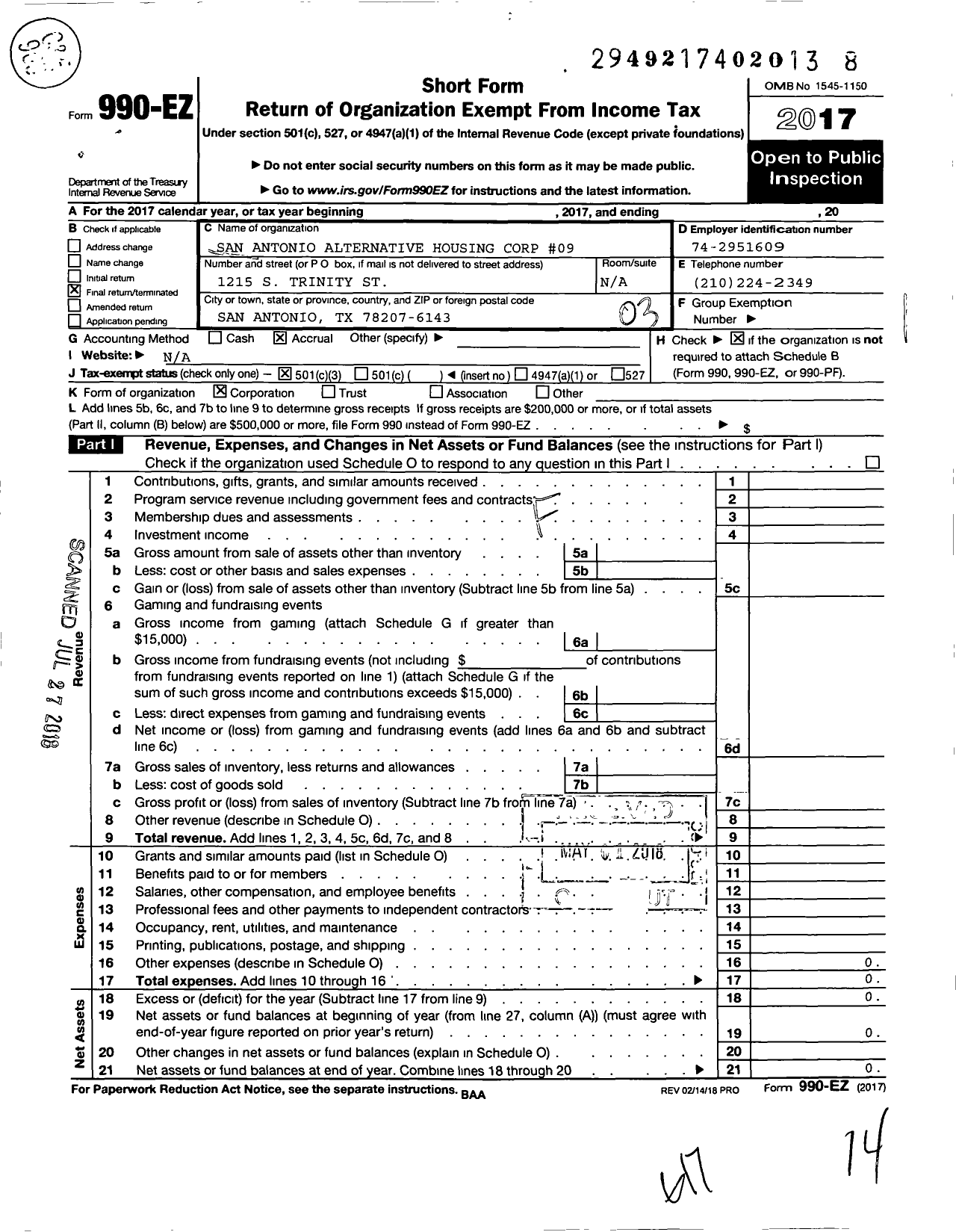 Image of first page of 2017 Form 990EZ for San Antonio Alternative Housing Corp 09