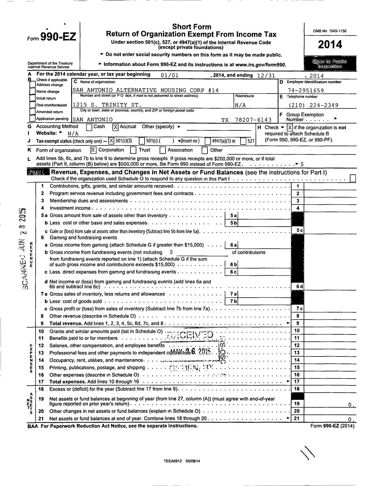 Image of first page of 2014 Form 990EZ for San Antonio Alternative Housing Corp 14