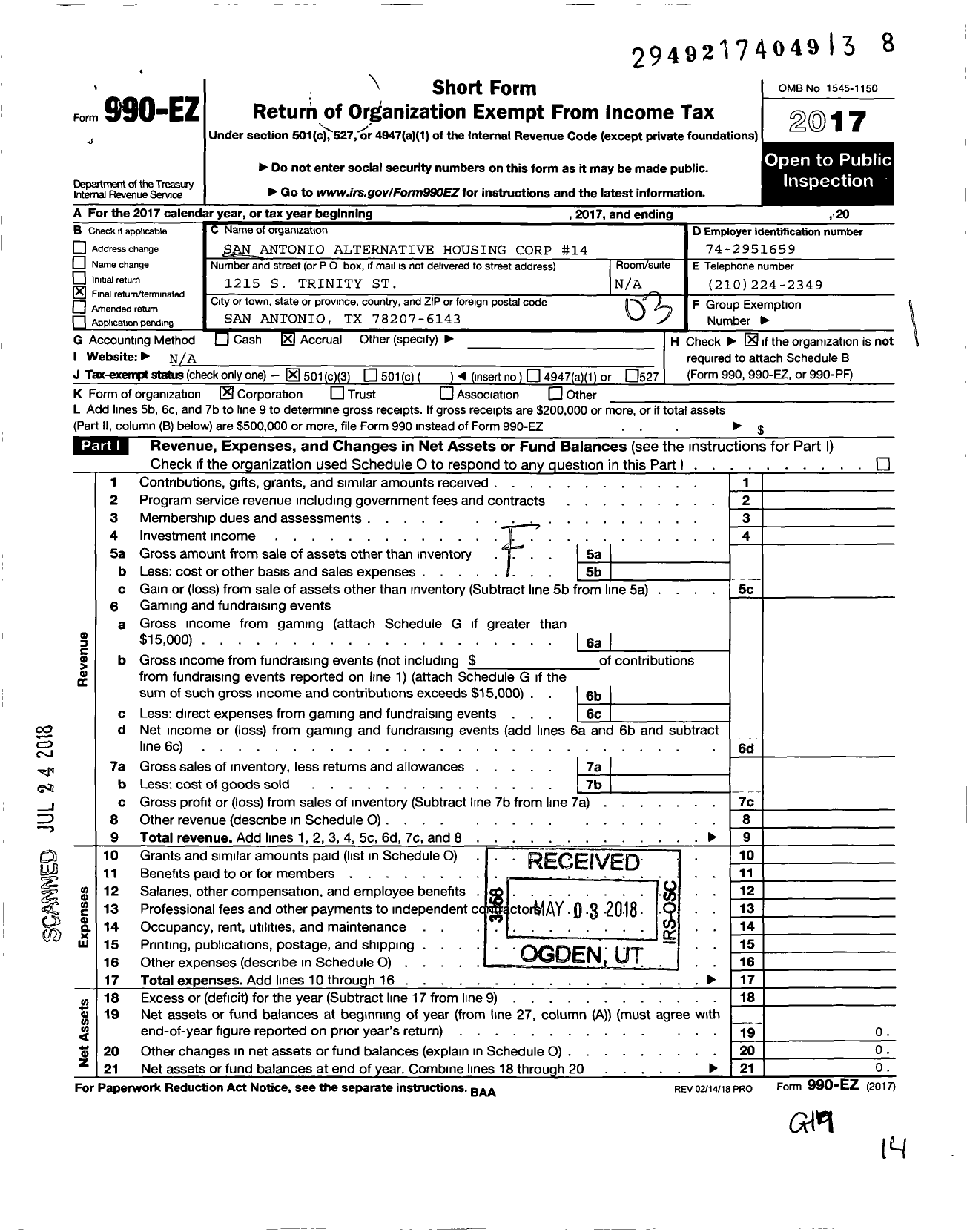 Image of first page of 2017 Form 990EZ for San Antonio Alternative Housing Corp 14