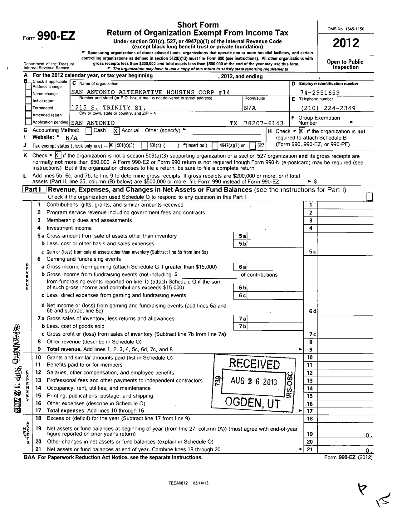 Image of first page of 2012 Form 990EZ for San Antonio Alternative Housing Corp 14