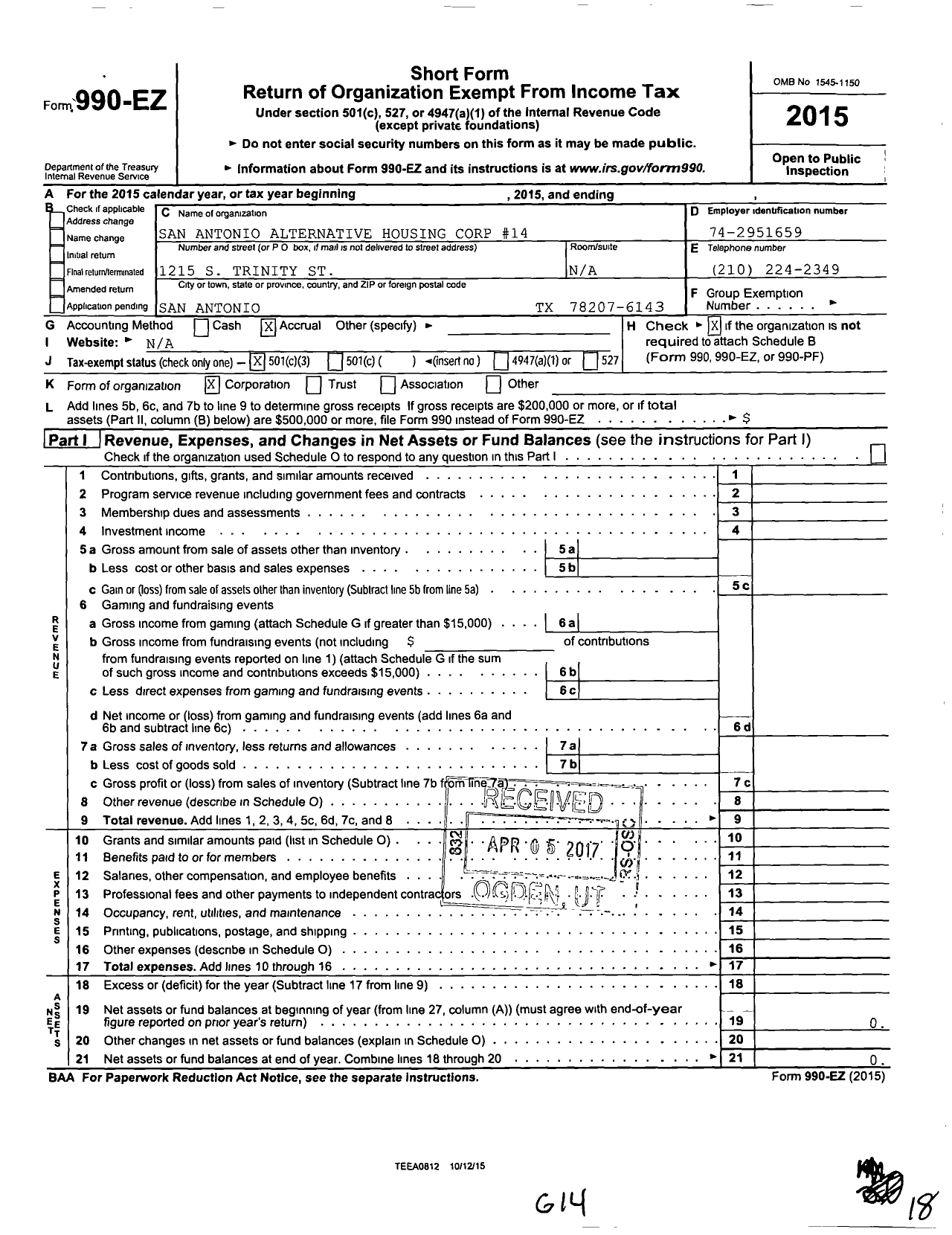 Image of first page of 2015 Form 990EZ for San Antonio Alternative Housing Corp 14