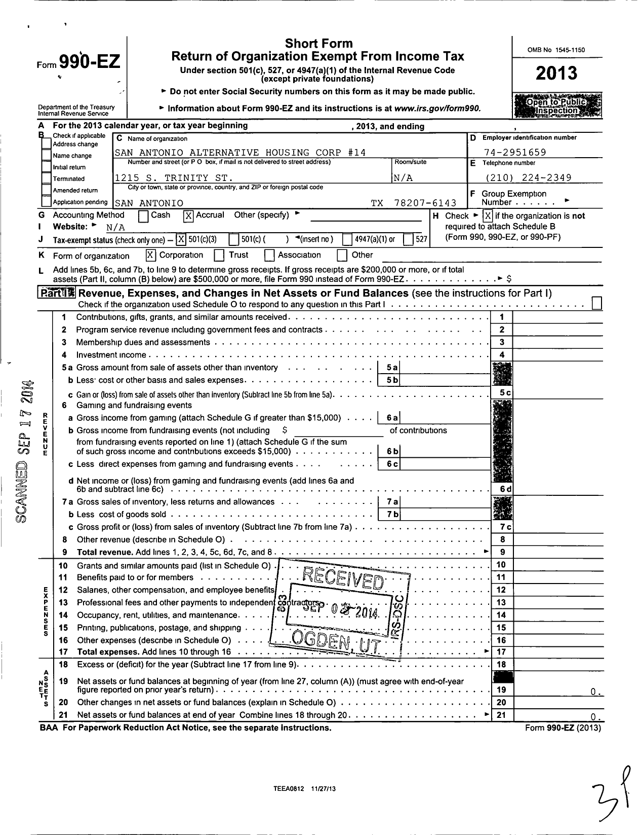 Image of first page of 2013 Form 990EZ for San Antonio Alternative Housing Corp 14