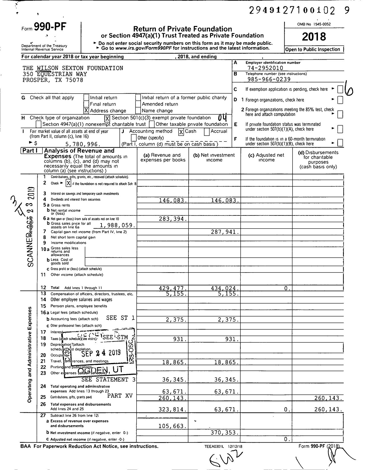 Image of first page of 2018 Form 990PF for The Wilson Sexton Foundation