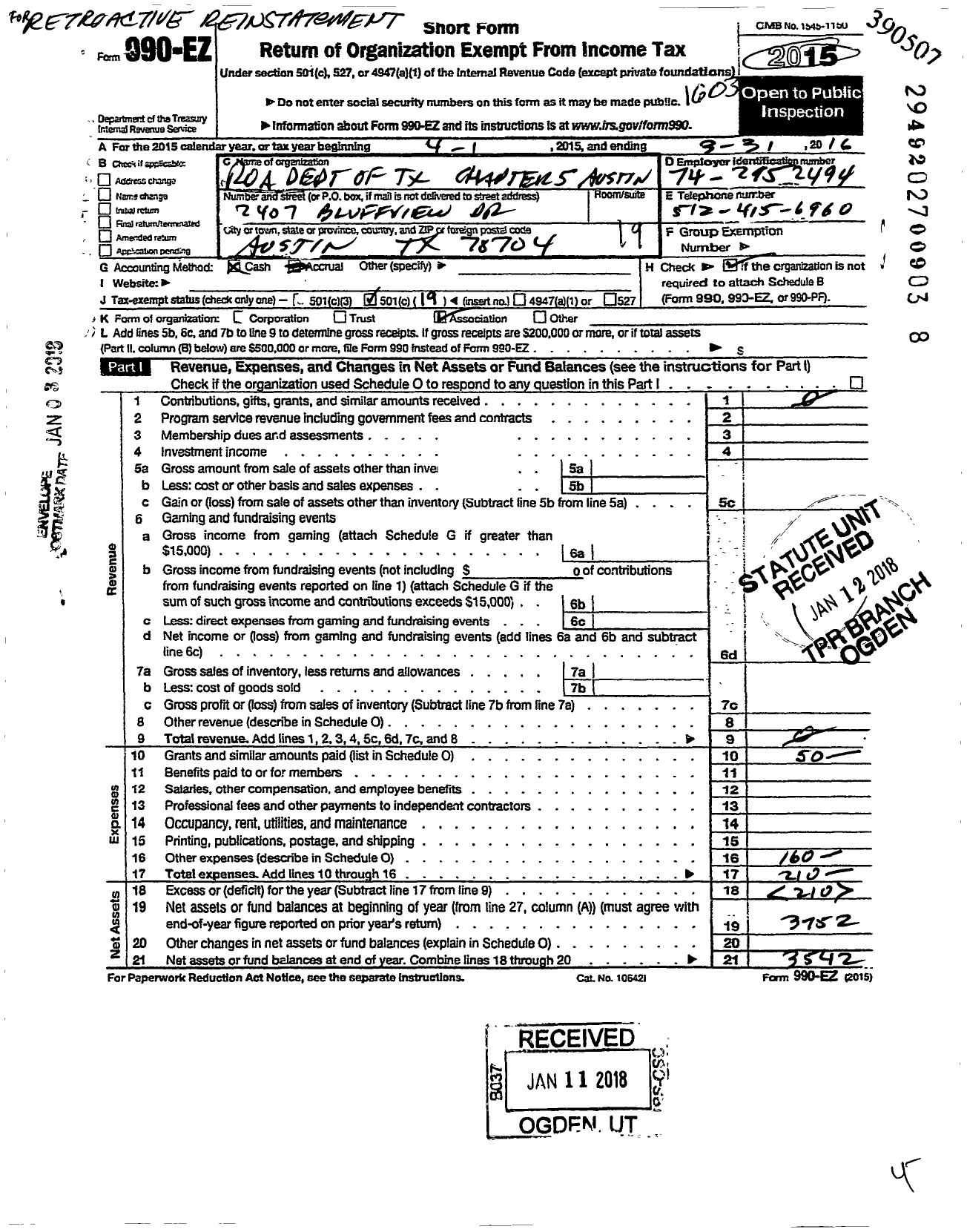 Image of first page of 2015 Form 990EO for Reserve Officers Association of Us Department of Texas Chapter 5