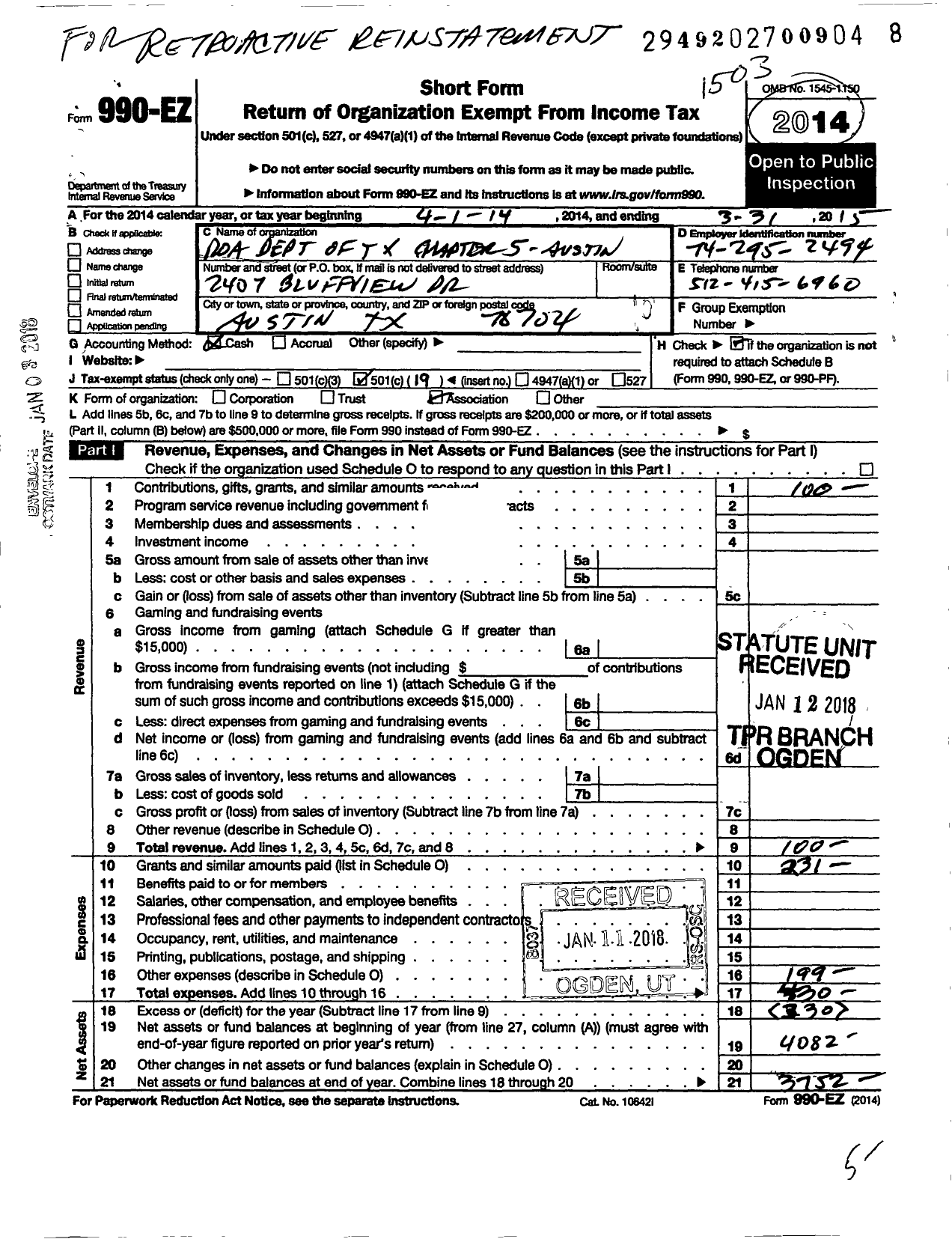 Image of first page of 2014 Form 990EO for Reserve Officers Association of Us Department of Texas Chapter 5