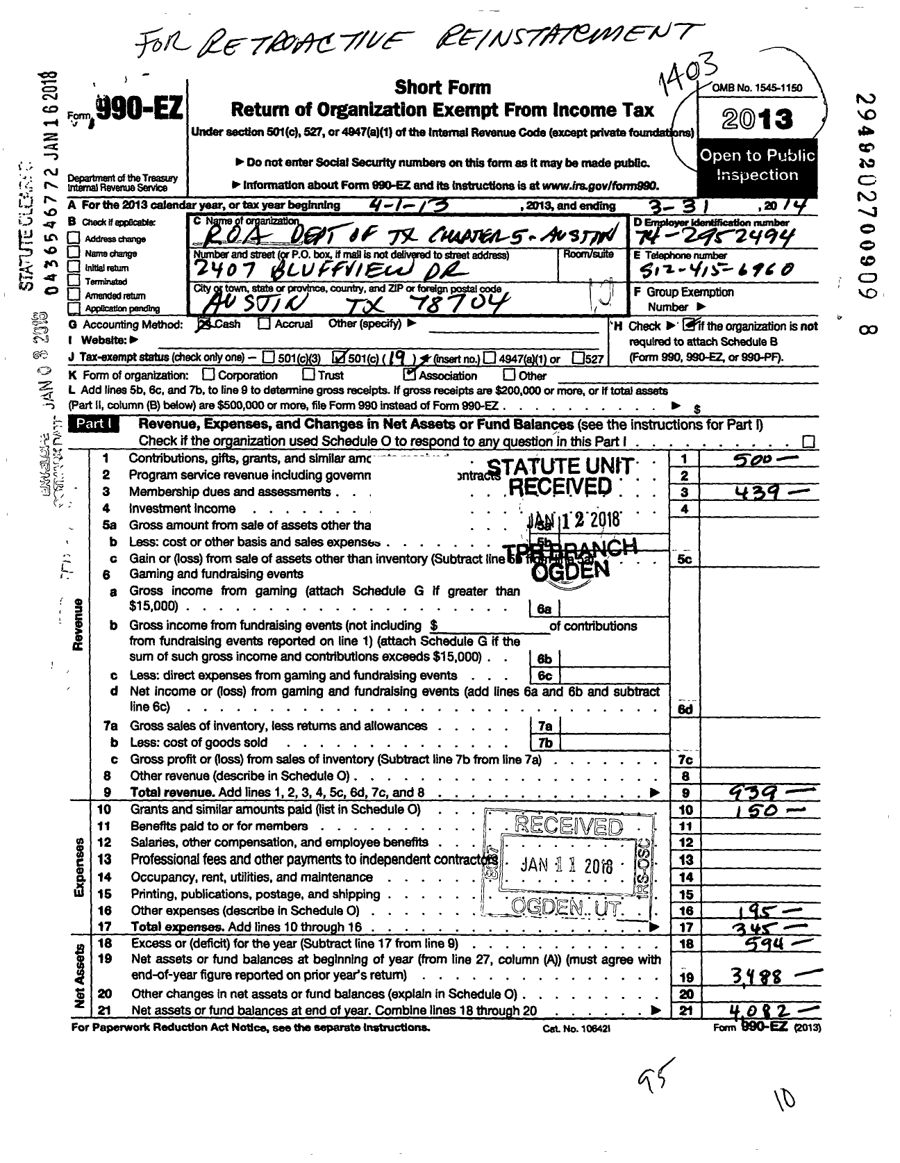 Image of first page of 2013 Form 990EO for Reserve Officers Association of Us Department of Texas Chapter 5