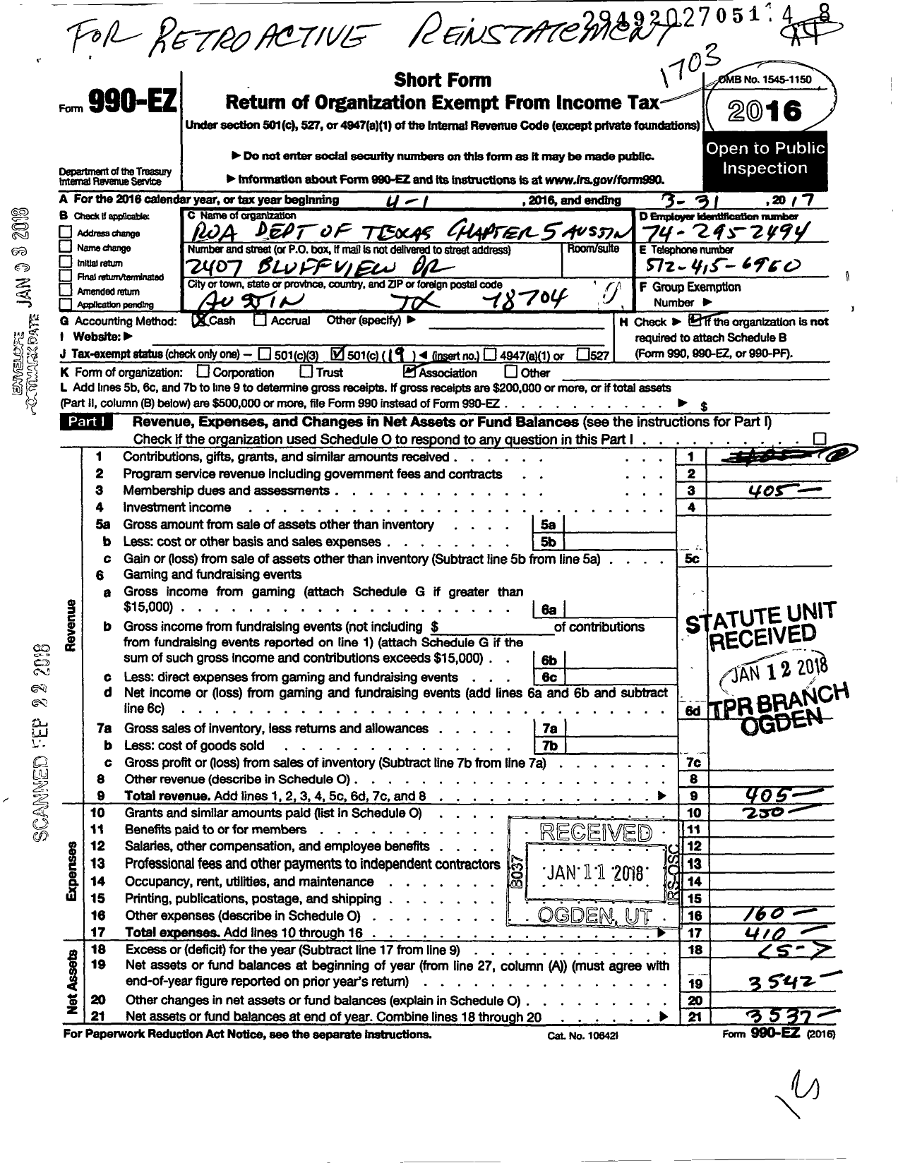 Image of first page of 2016 Form 990EO for Reserve Officers Association of Us Department of Texas Chapter 5