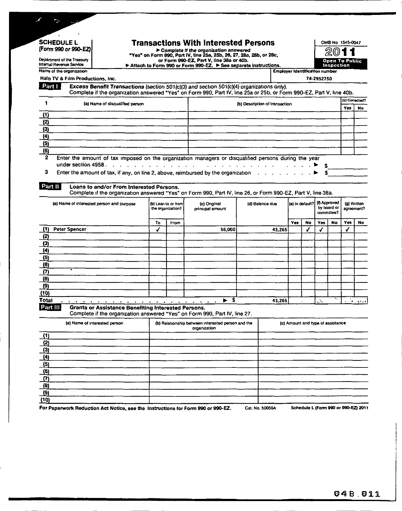Image of first page of 2011 Form 990R for Halo TV and Film Productions