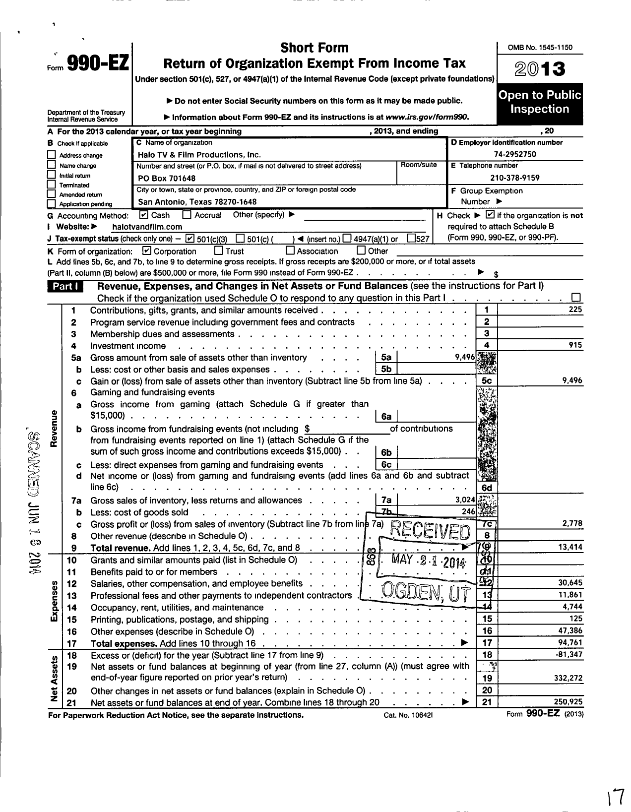 Image of first page of 2013 Form 990EZ for Halo TV and Film Productions