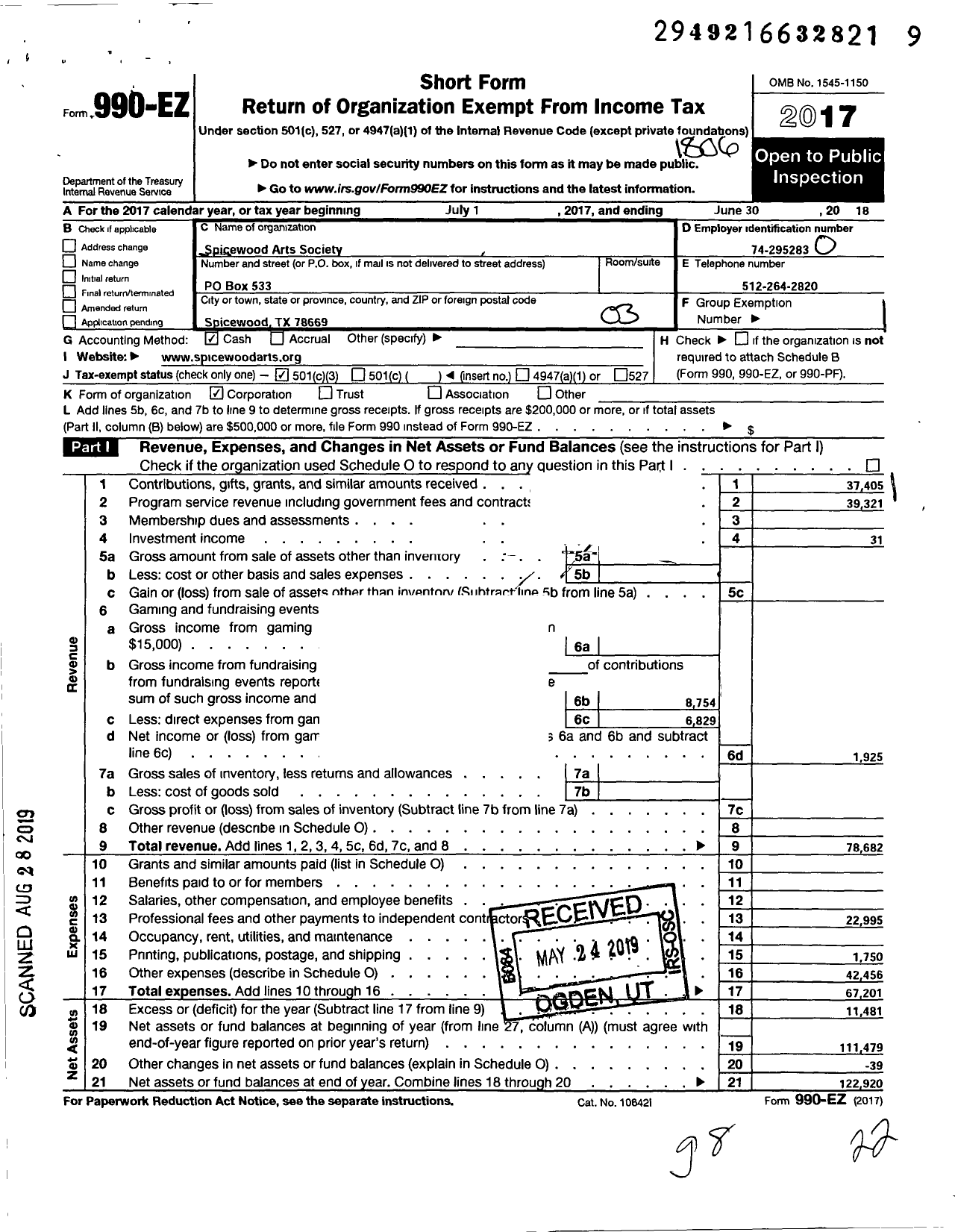 Image of first page of 2017 Form 990EZ for Spicewood Arts Society