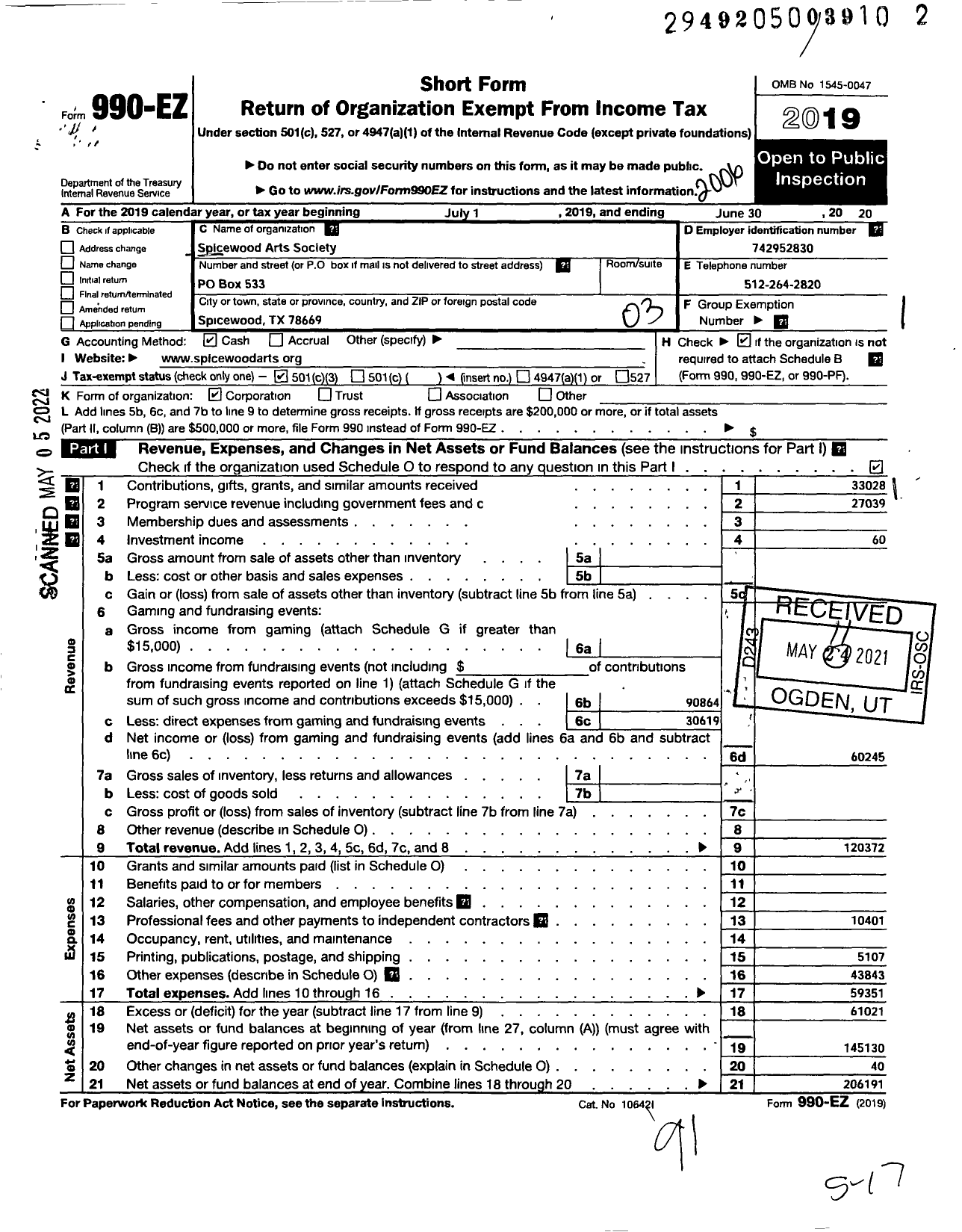 Image of first page of 2019 Form 990EZ for Spicewood Arts Society