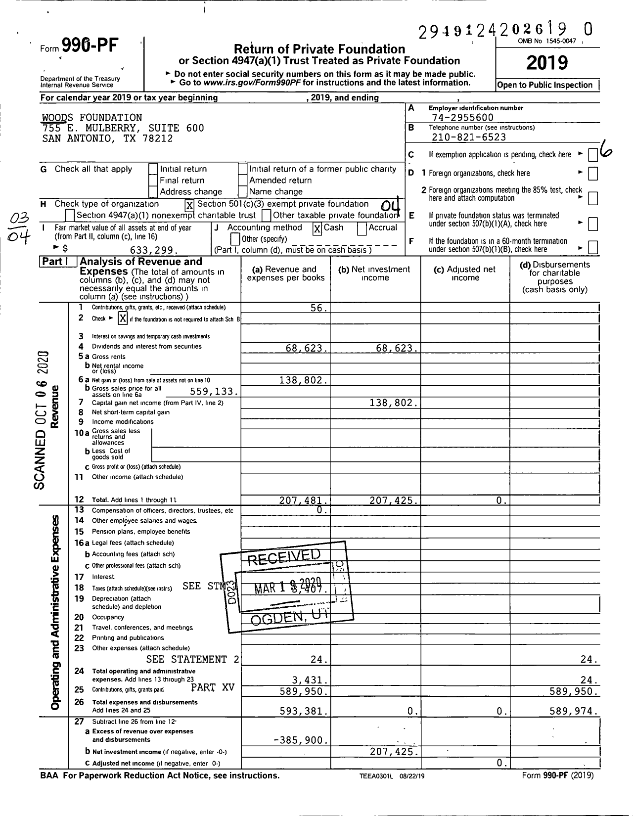 Image of first page of 2019 Form 990PR for Woods Foundation