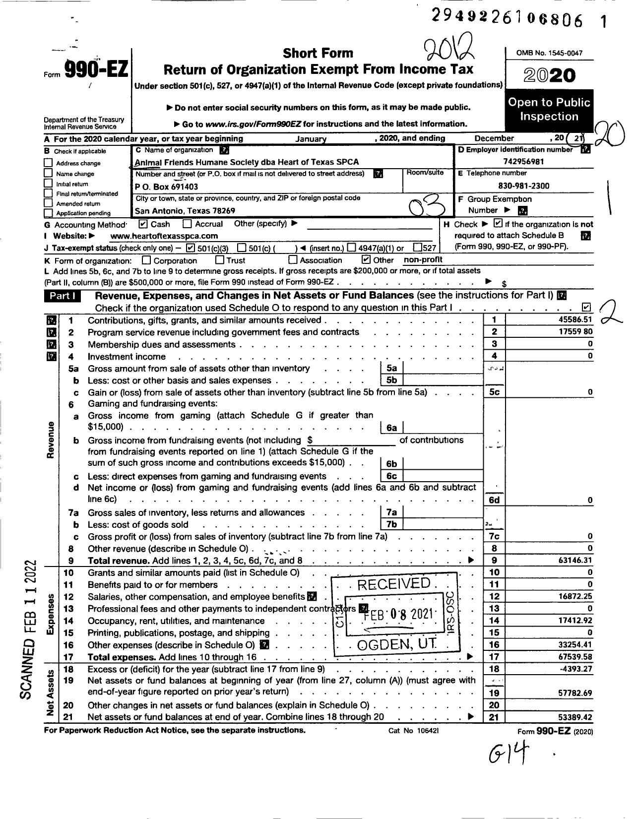 Image of first page of 2020 Form 990EZ for HEART of TEXAS SPCA Hotspca