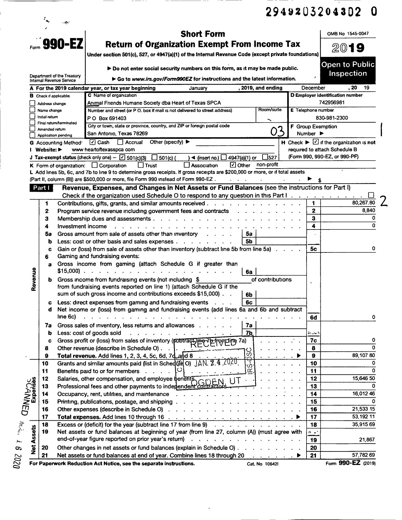 Image of first page of 2019 Form 990EZ for HEART of TEXAS SPCA Hotspca