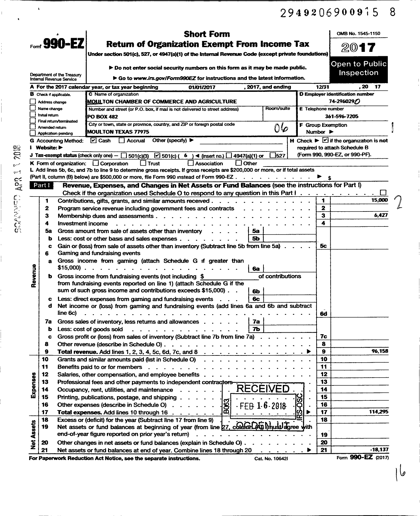 Image of first page of 2017 Form 990EO for Moulton Chamber of Commerce and Agriculture