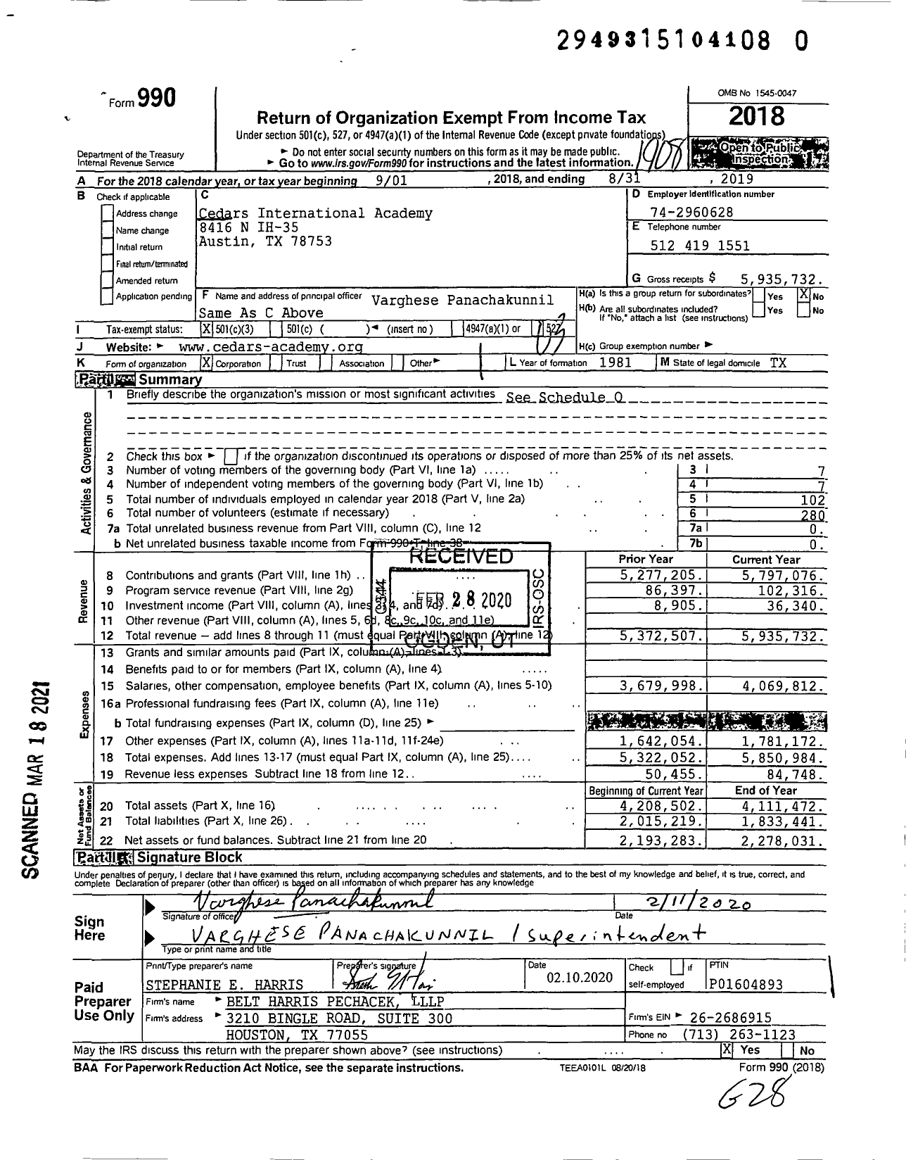 Image of first page of 2018 Form 990 for Cedars International Academy