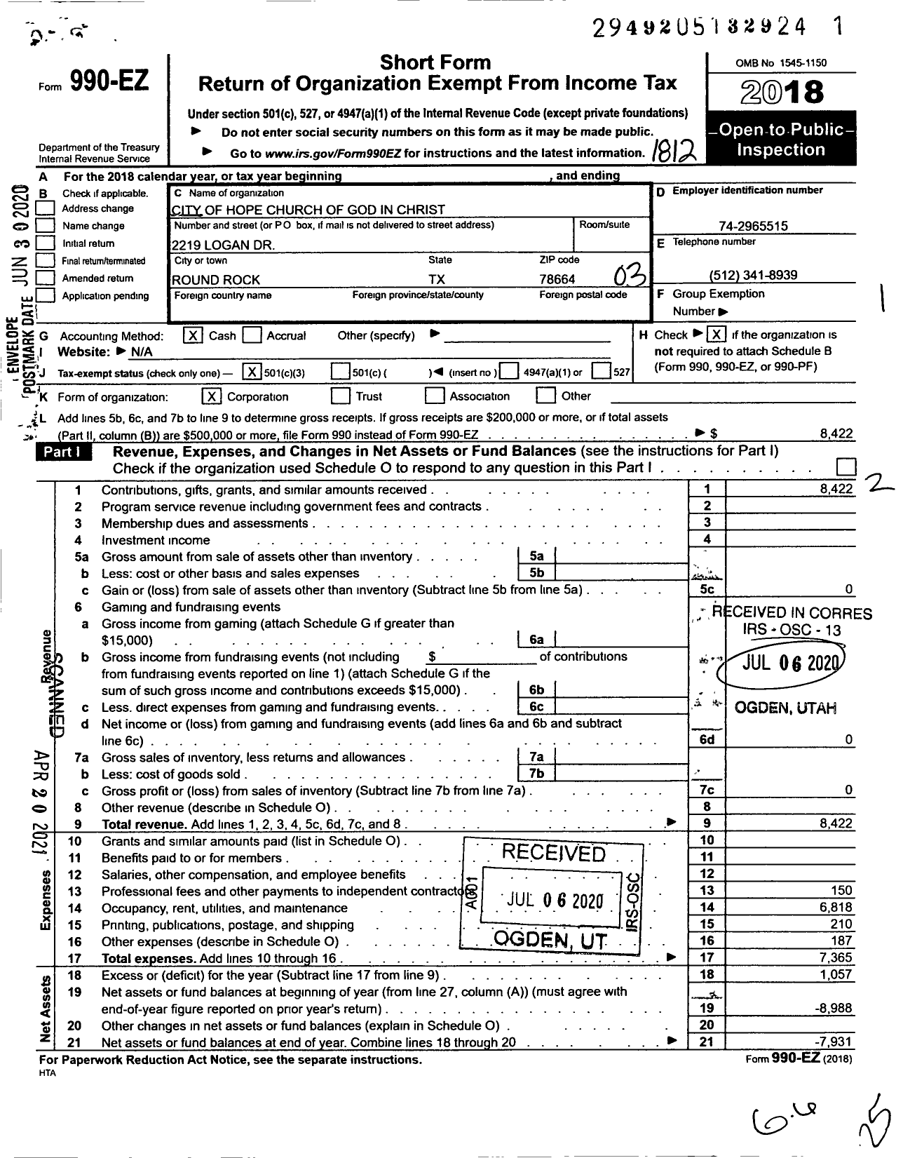 Image of first page of 2018 Form 990EZ for City of Hope Church of God in Christ