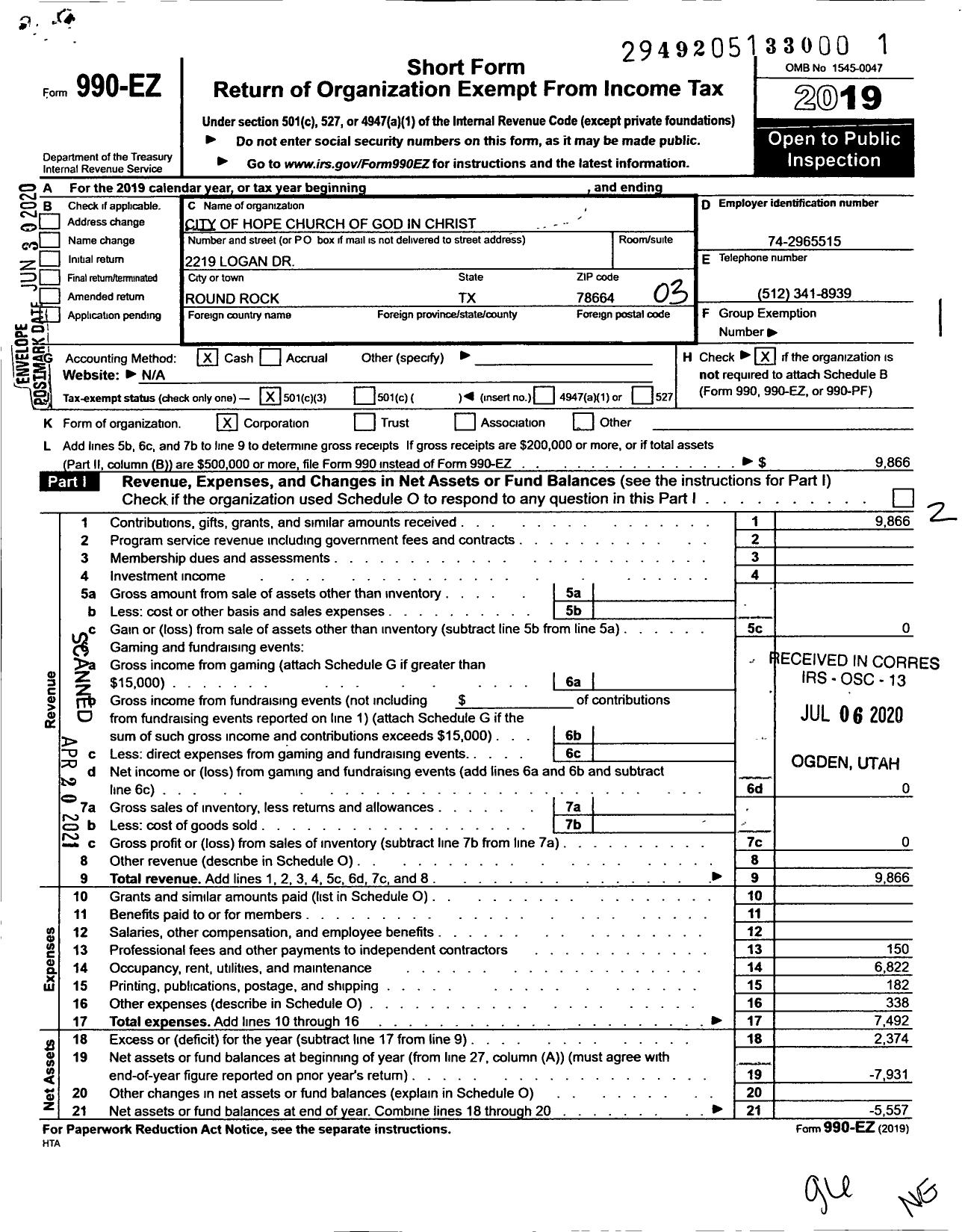 Image of first page of 2019 Form 990EZ for City of Hope Church of God in Christ