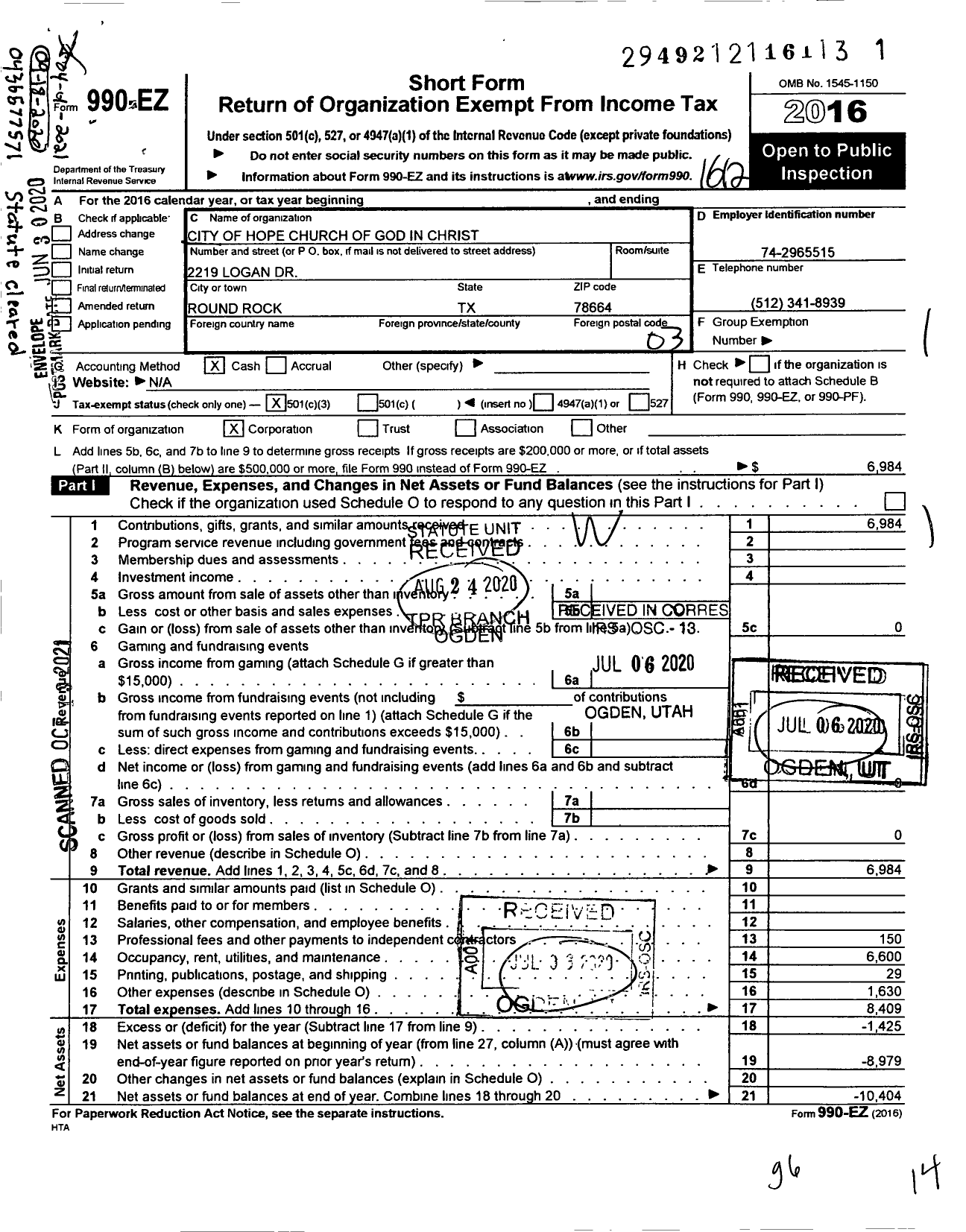 Image of first page of 2016 Form 990EZ for City of Hope Church of God in Christ