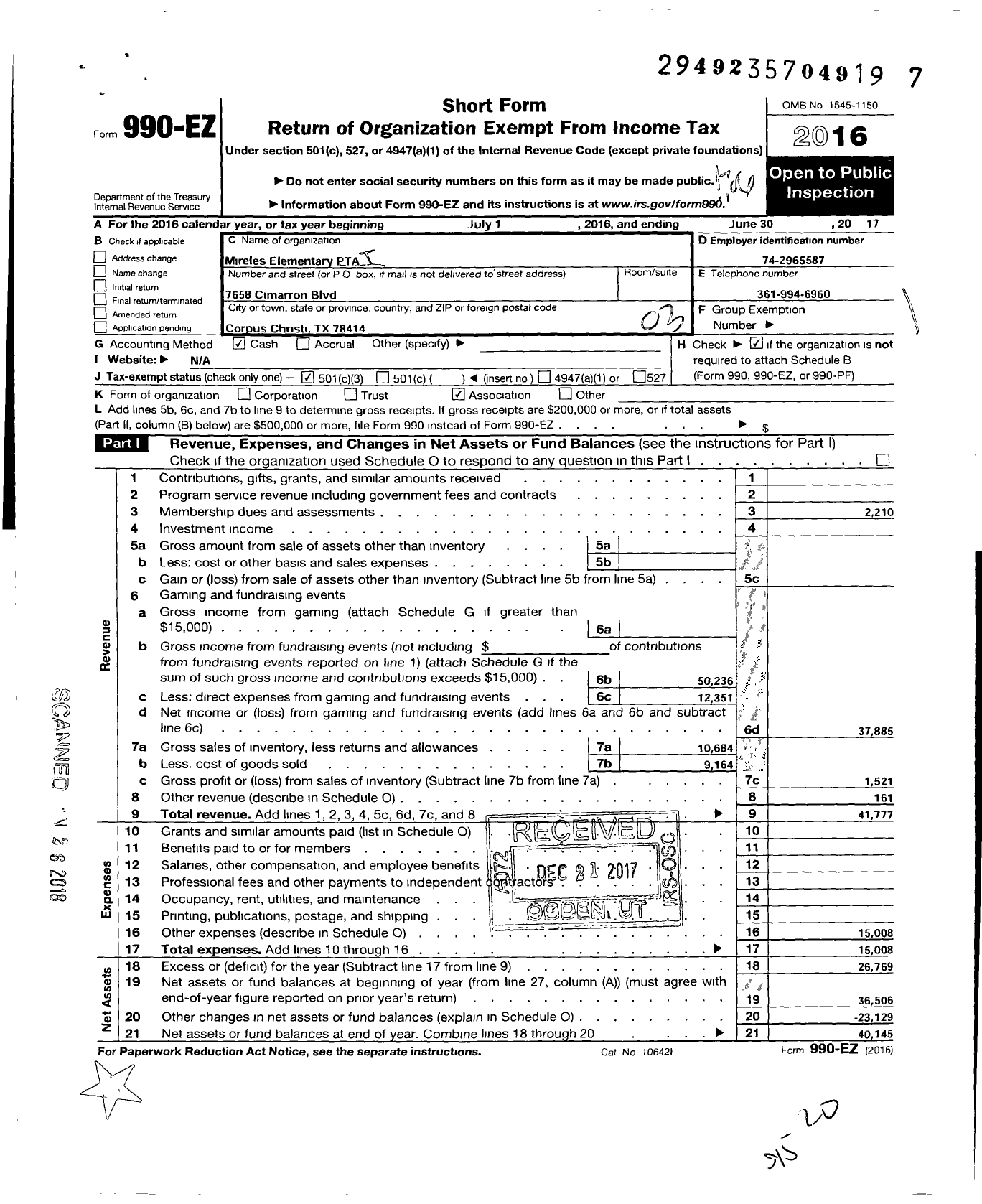 Image of first page of 2016 Form 990EZ for Texas PTA - 10002 Mireles Elementary