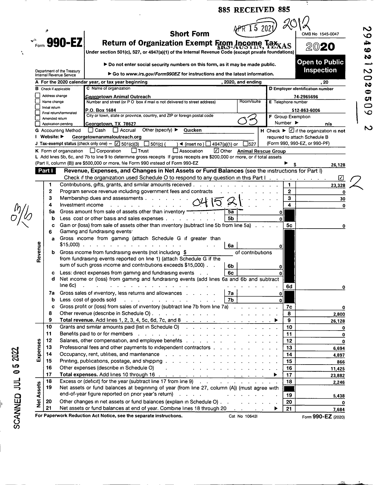 Image of first page of 2020 Form 990EZ for Georgetown Animal Outreach