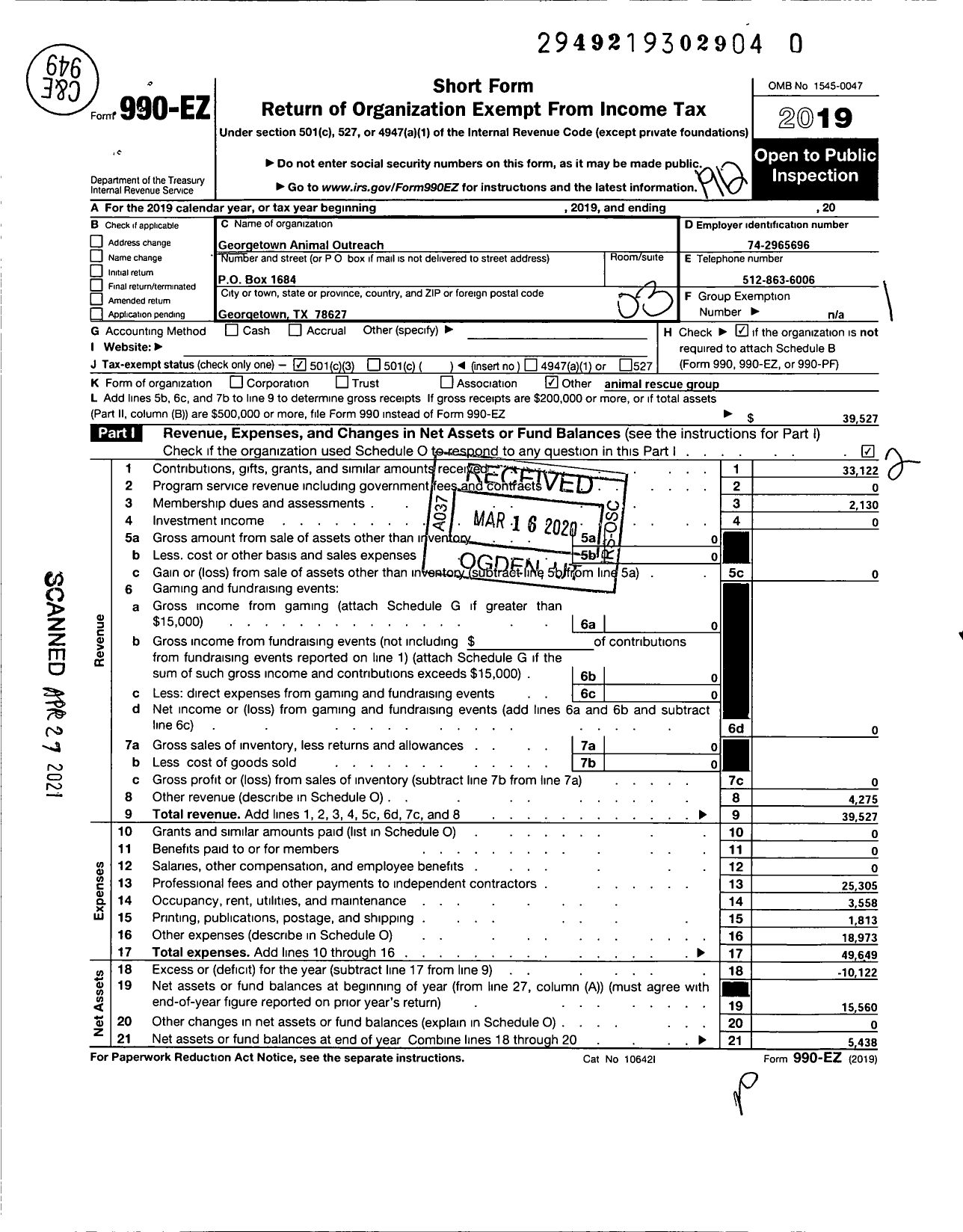 Image of first page of 2019 Form 990EZ for Georgetown Animal Outreach