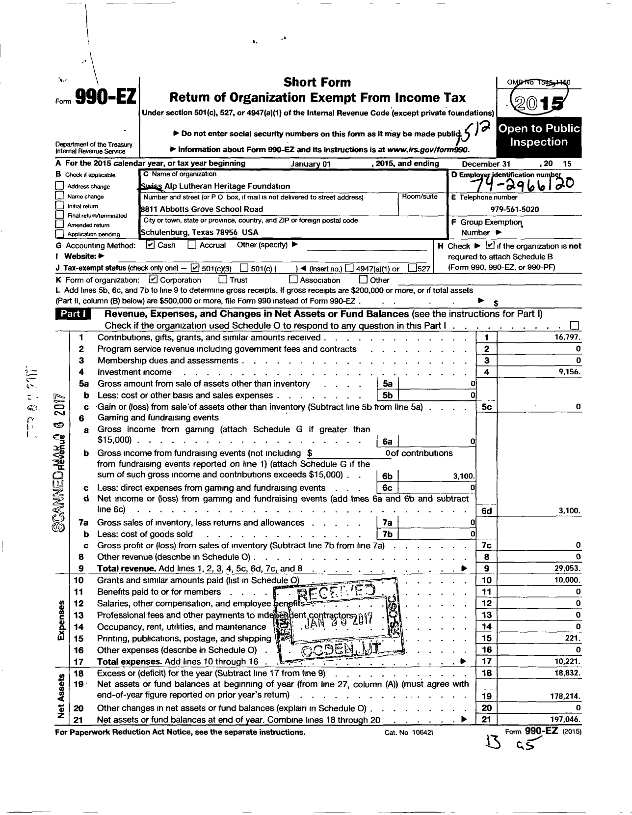 Image of first page of 2015 Form 990EZ for Swiss Alp Lutheran Heritage Foundation