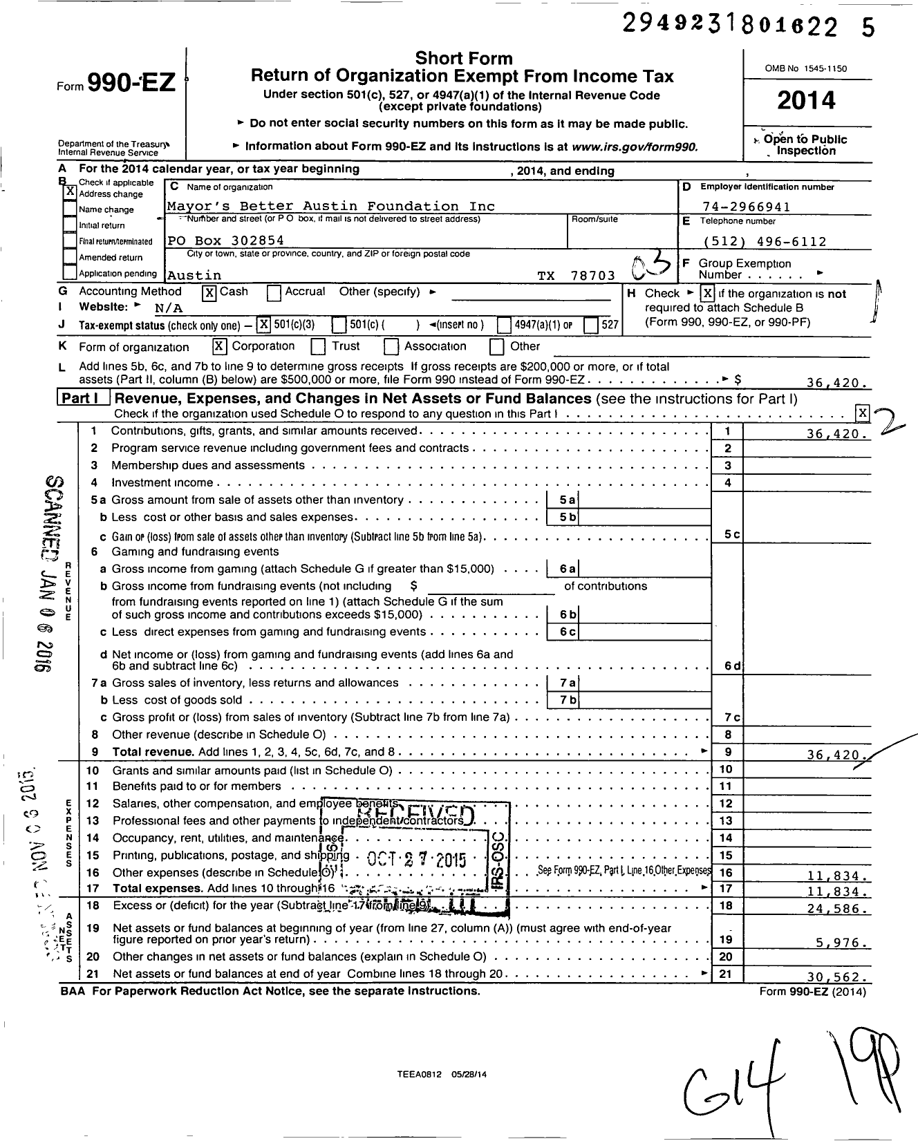 Image of first page of 2014 Form 990EZ for Mayor's Better Austin Foundation