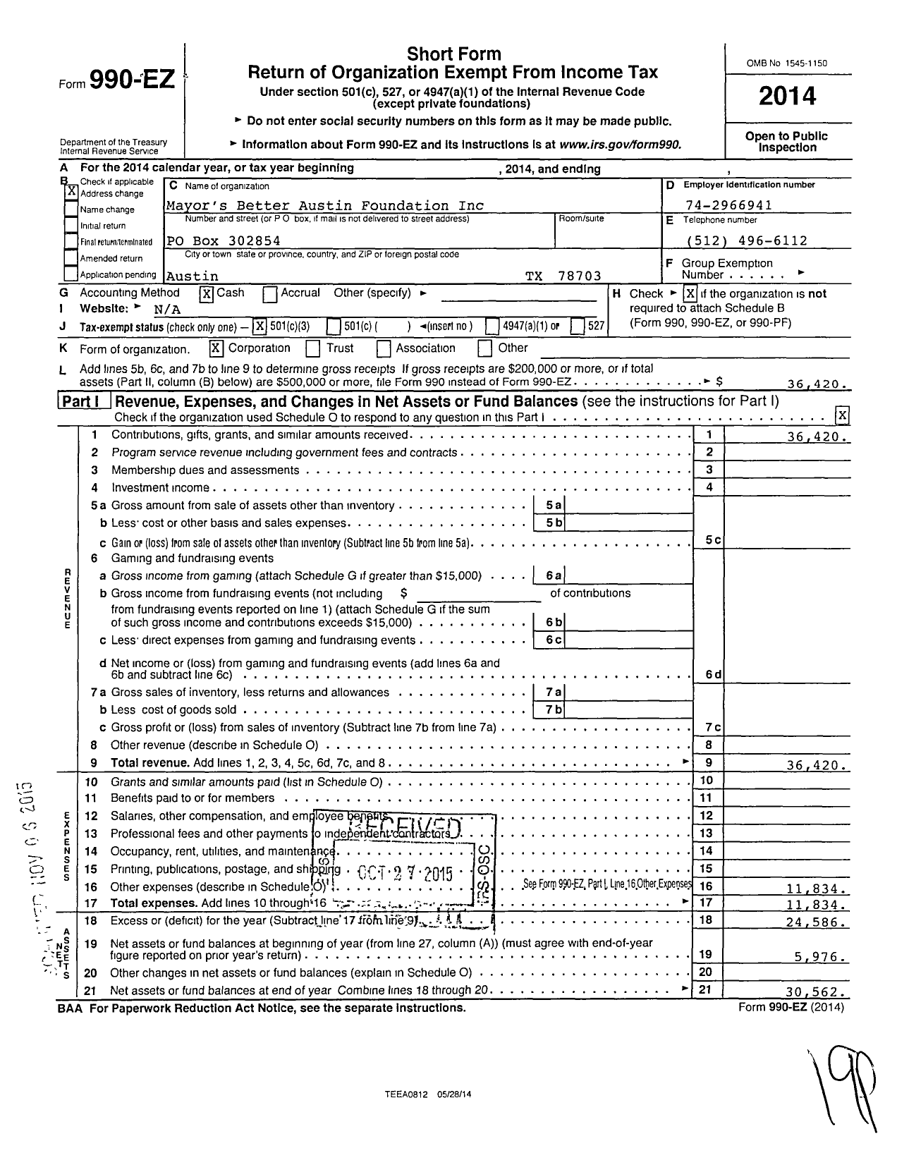 Image of first page of 2014 Form 990EZ for Mayor's Better Austin Foundation