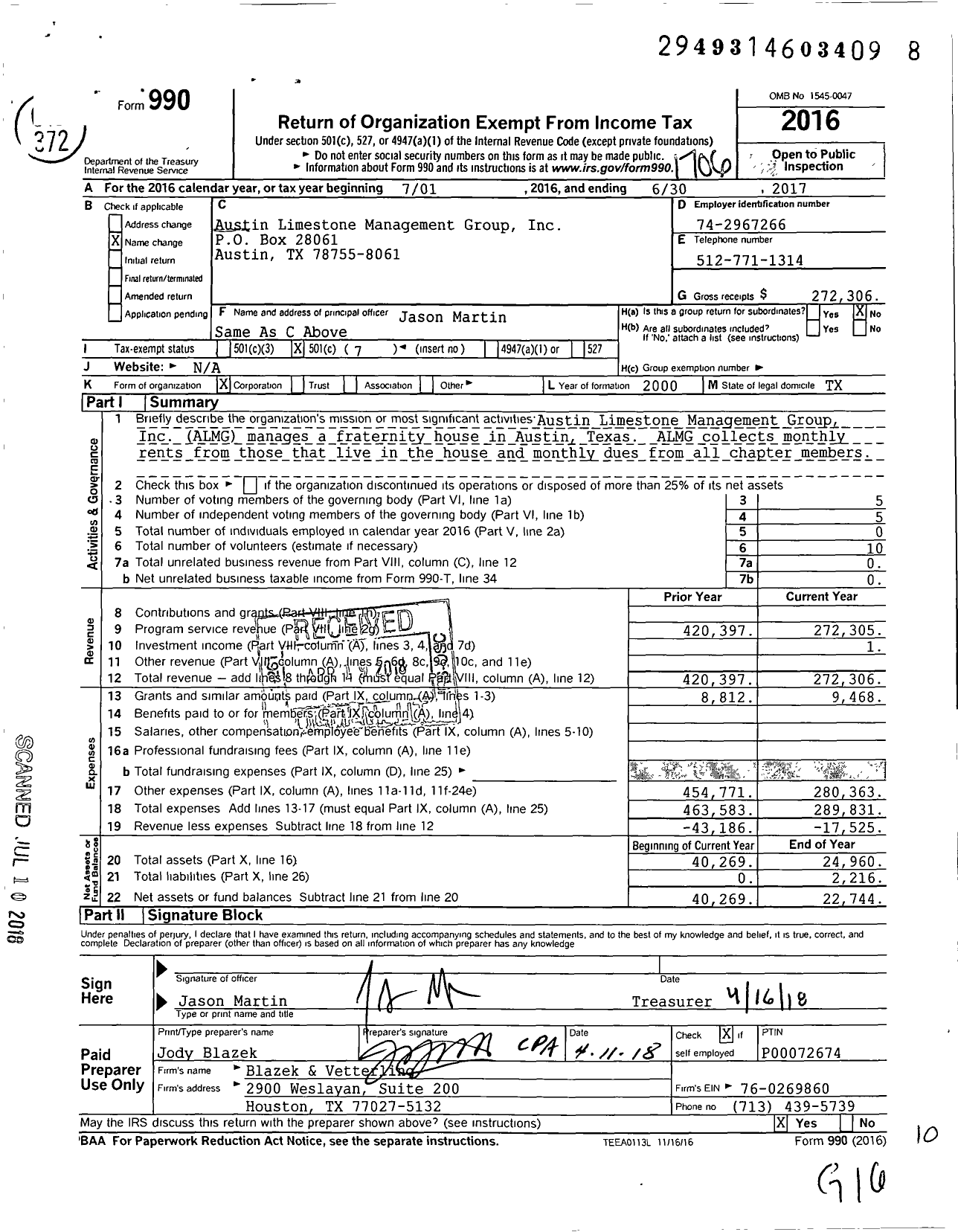 Image of first page of 2016 Form 990O for Phi Kappa Psi Fraternity - Texas Alpha Chapter