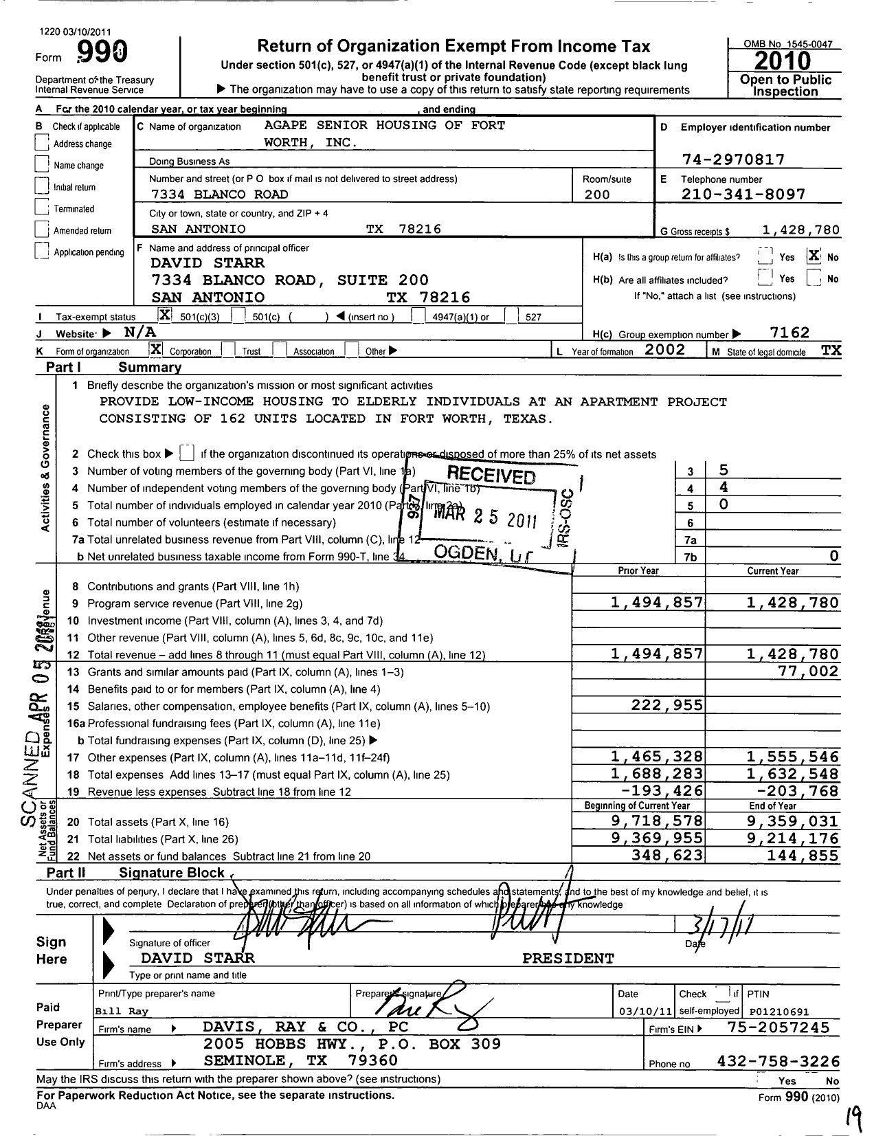 Image of first page of 2010 Form 990 for Agape Senior Housing of Fort Worth