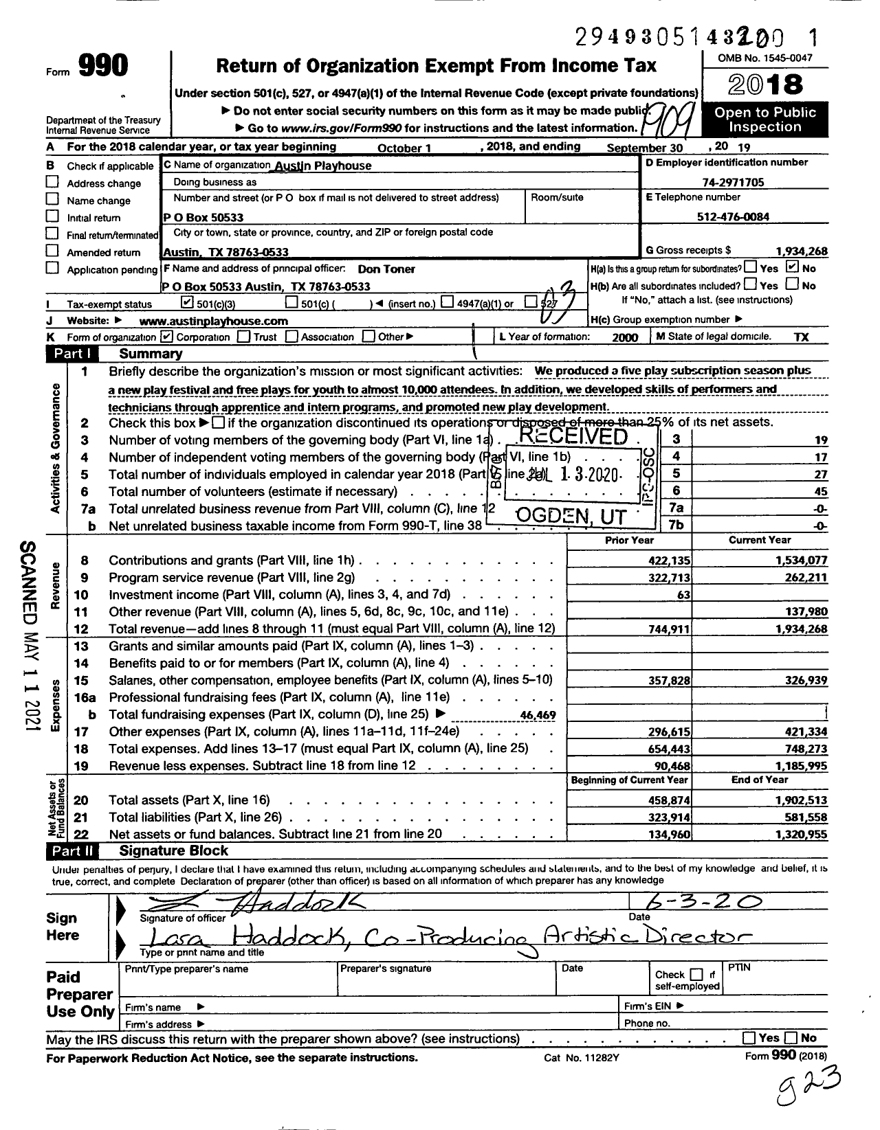 Image of first page of 2018 Form 990 for Austin Playhouse