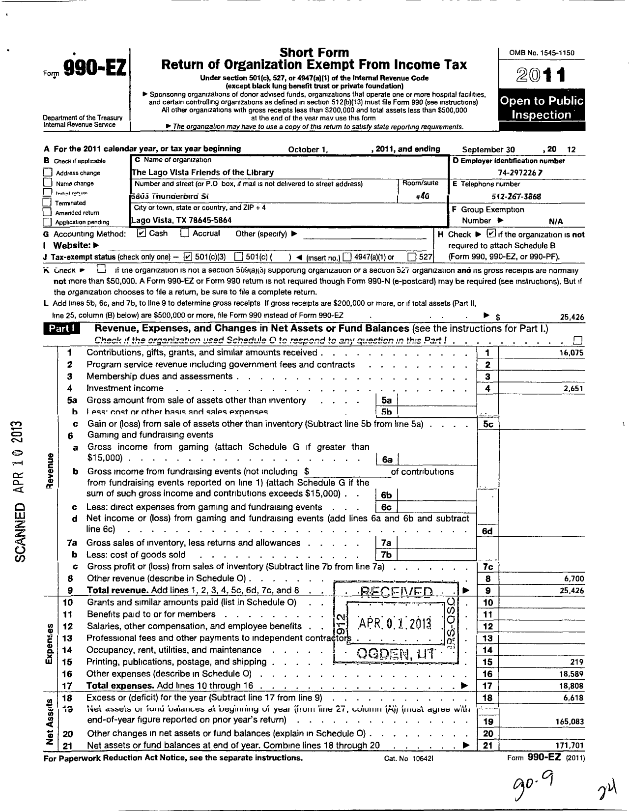 Image of first page of 2011 Form 990EZ for Lago Vista Friends of the Library