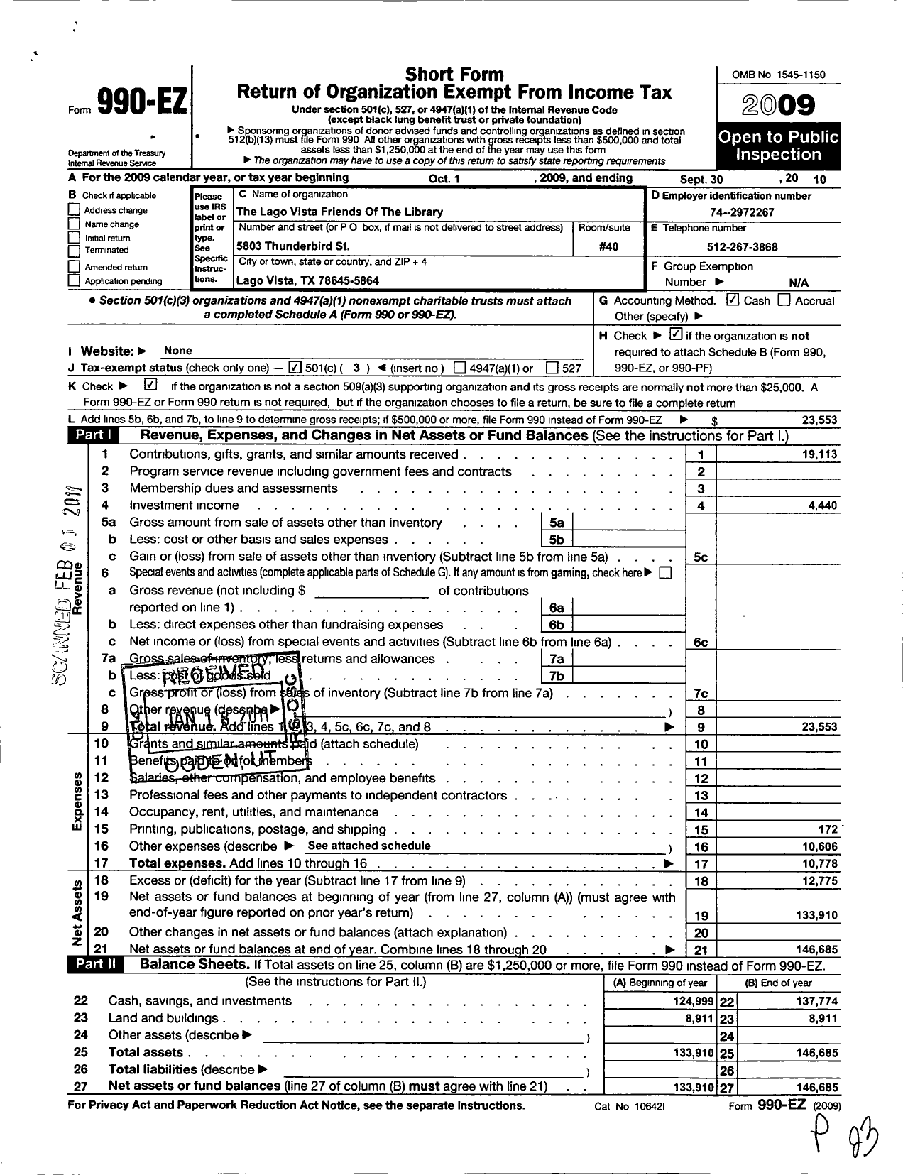 Image of first page of 2009 Form 990EZ for Lago Vista Friends of the Library