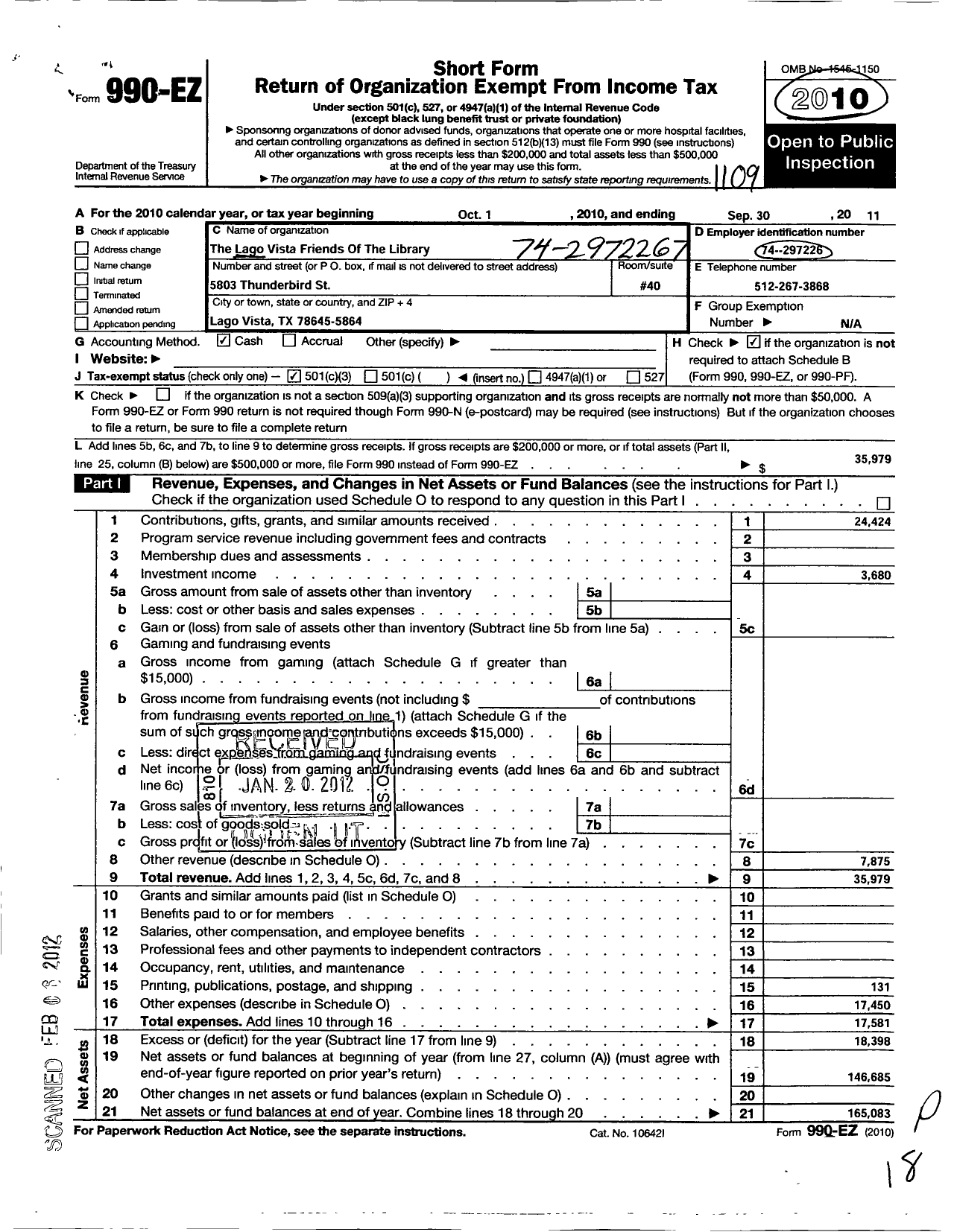 Image of first page of 2010 Form 990EZ for Lago Vista Friends of the Library