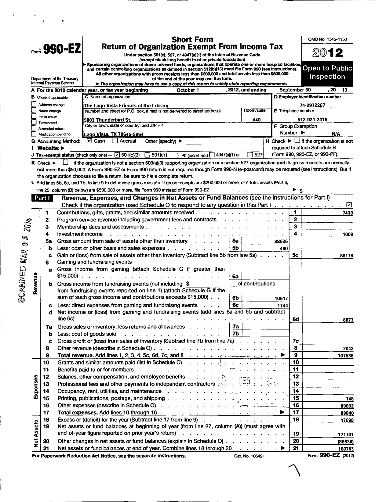 Image of first page of 2012 Form 990EZ for Lago Vista Friends of the Library