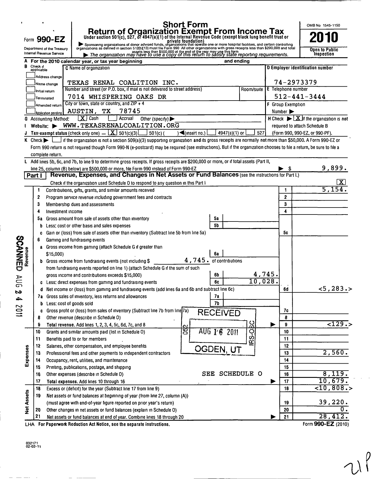 Image of first page of 2010 Form 990EZ for Texas Renal Coalition